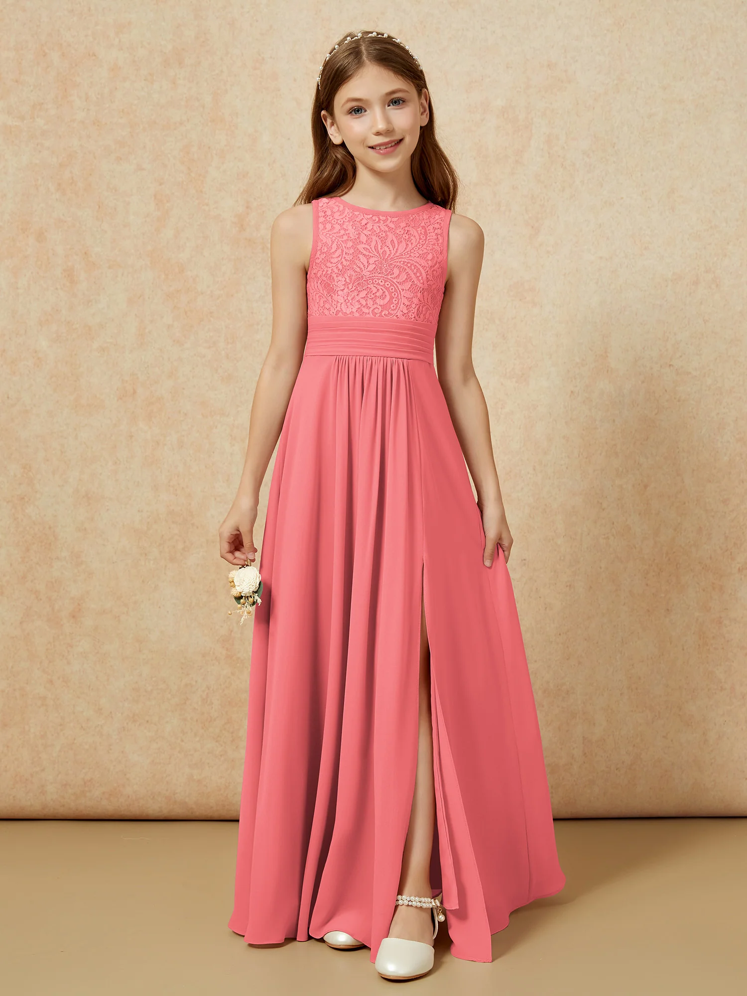 Lace Top A-line Long Junior Bridesmaid Dress Watermelon
