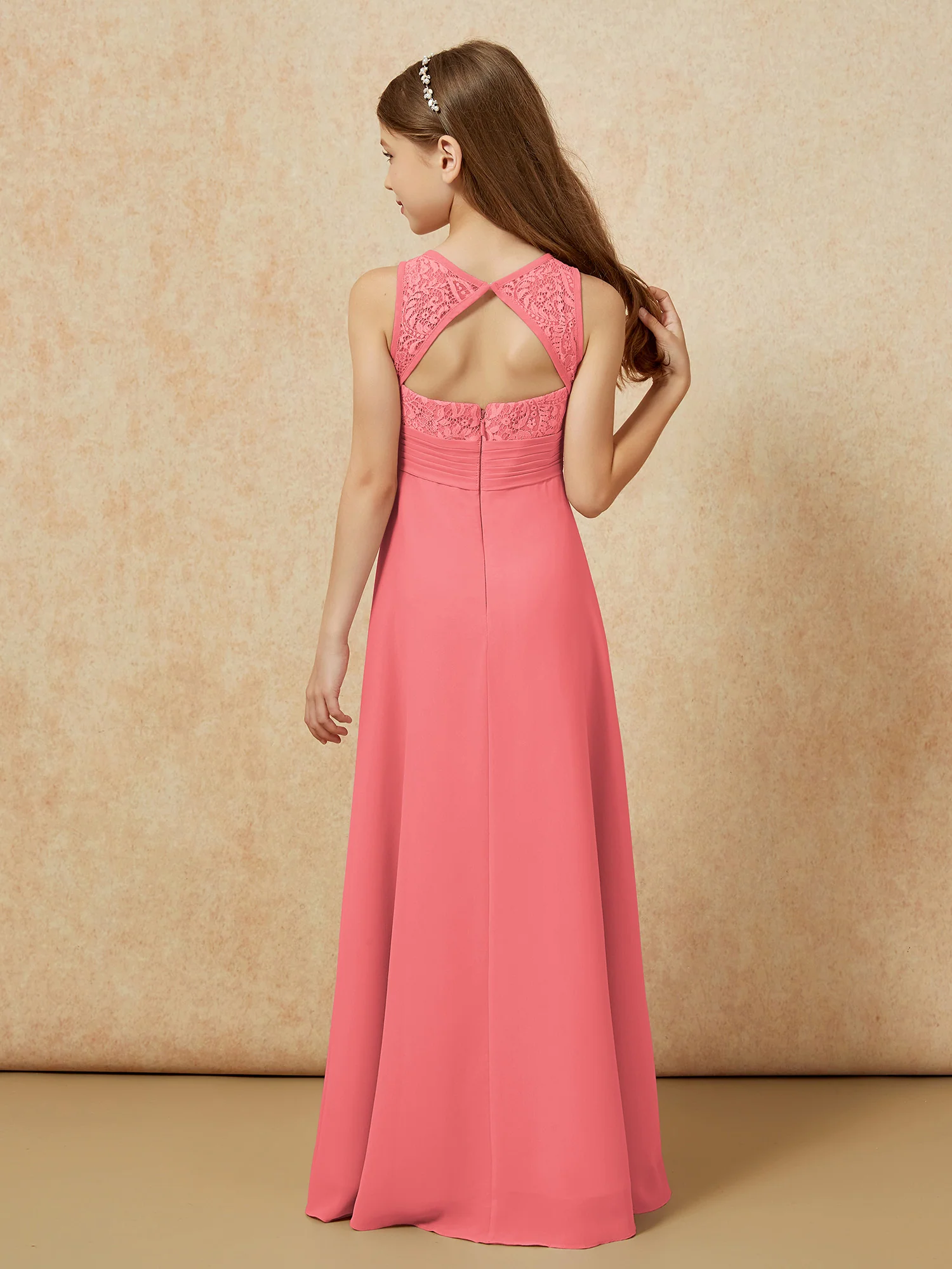 Lace Top A-line Long Junior Bridesmaid Dress Watermelon - Image 2