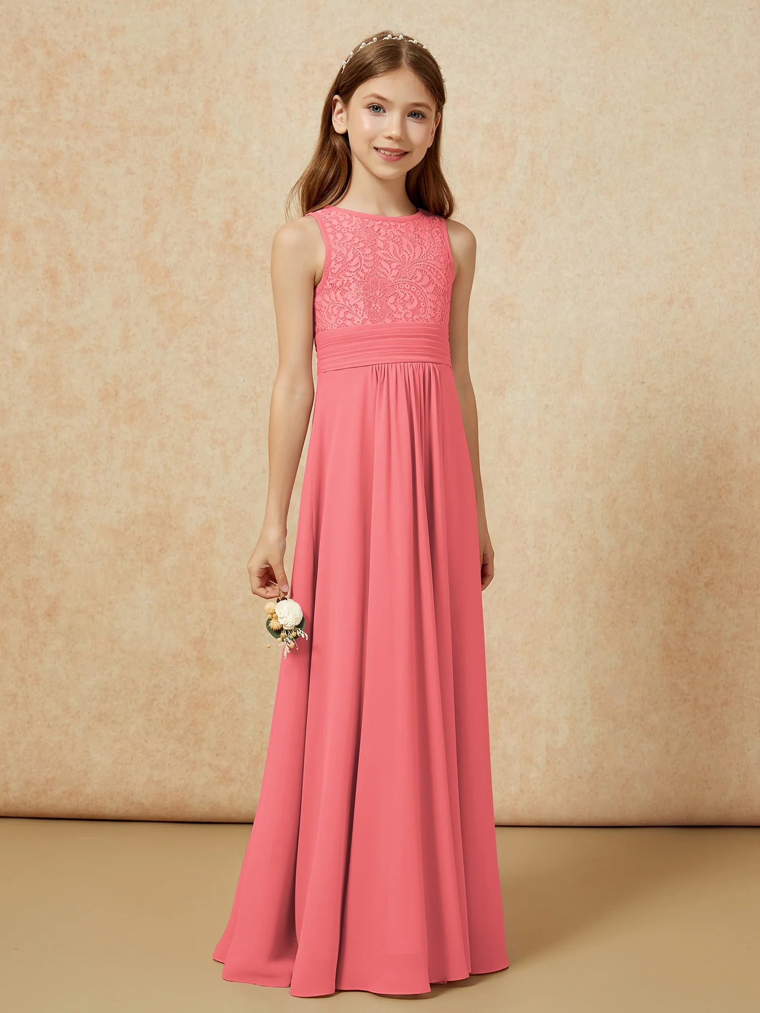 Lace Top A-line Long Junior Bridesmaid Dress Watermelon - Image 3