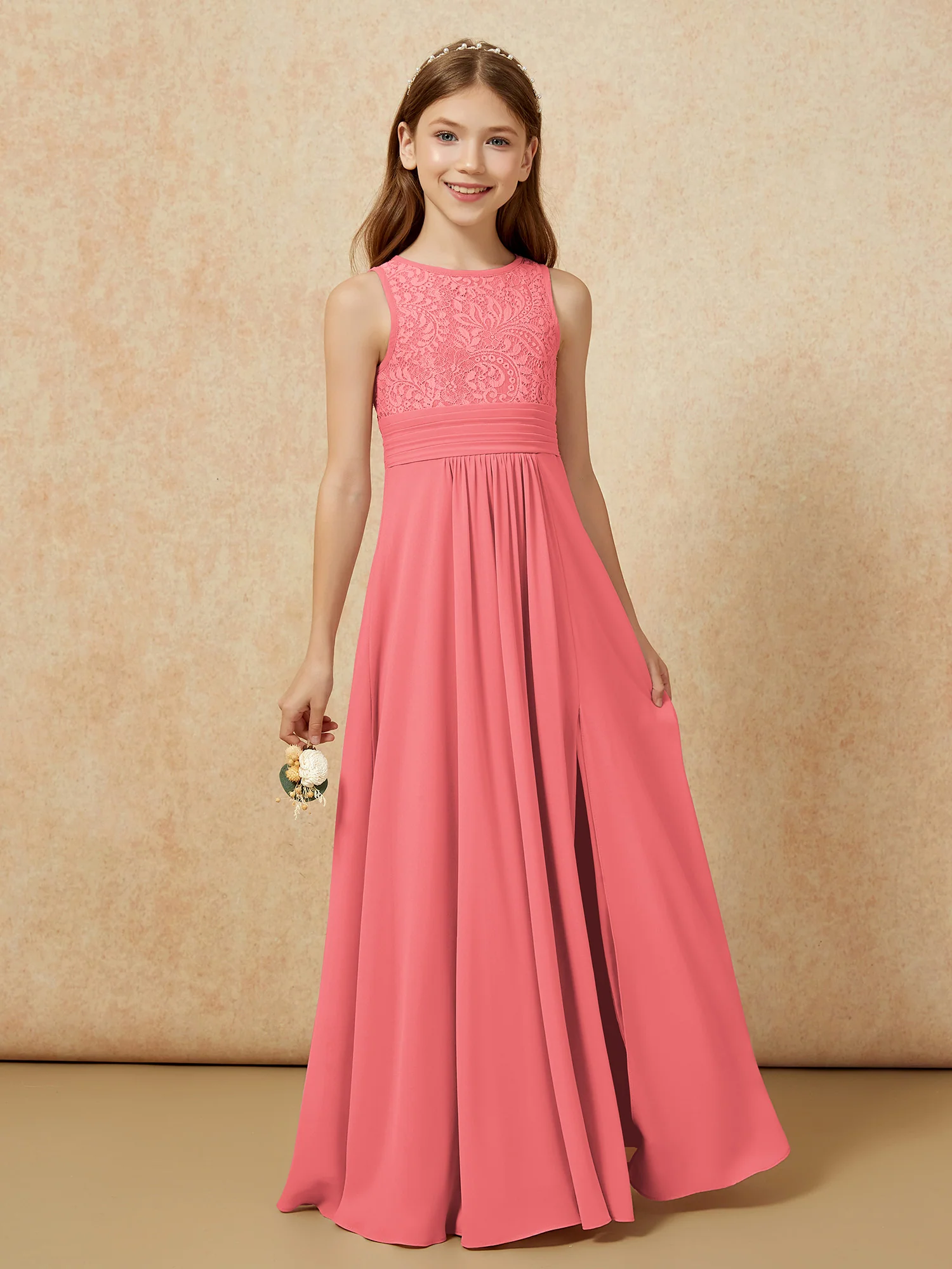 Lace Top A-line Long Junior Bridesmaid Dress Watermelon - Image 5