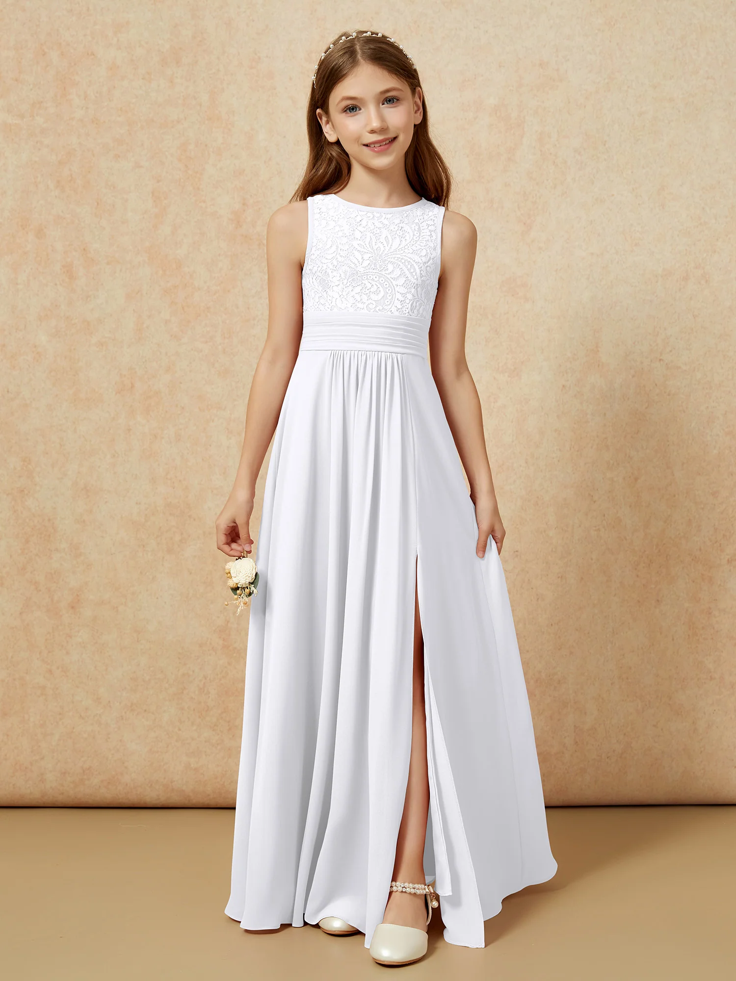 Lace Top A-line Long Junior Bridesmaid Dress White