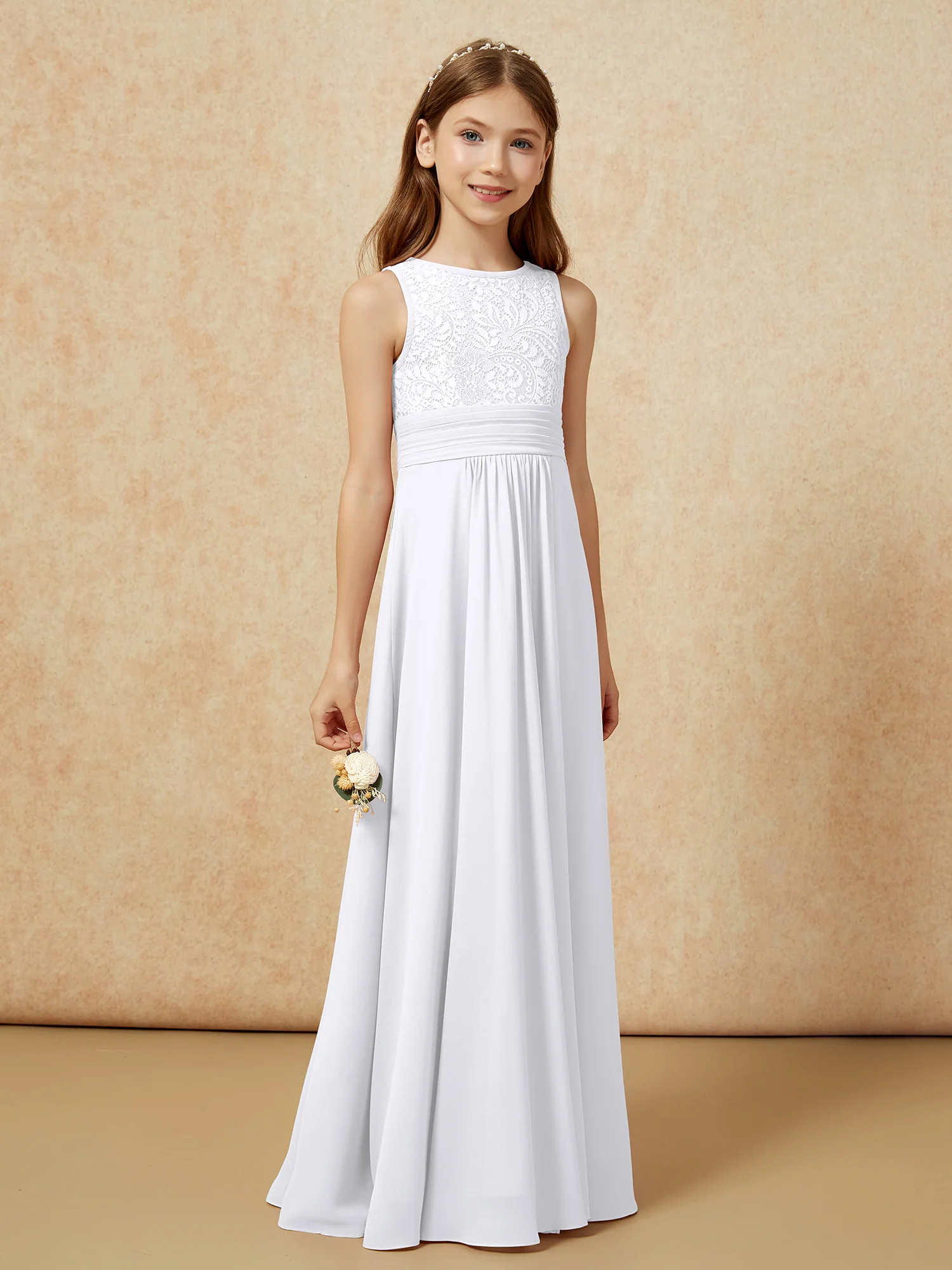Lace Top A-line Long Junior Bridesmaid Dress White - Image 3