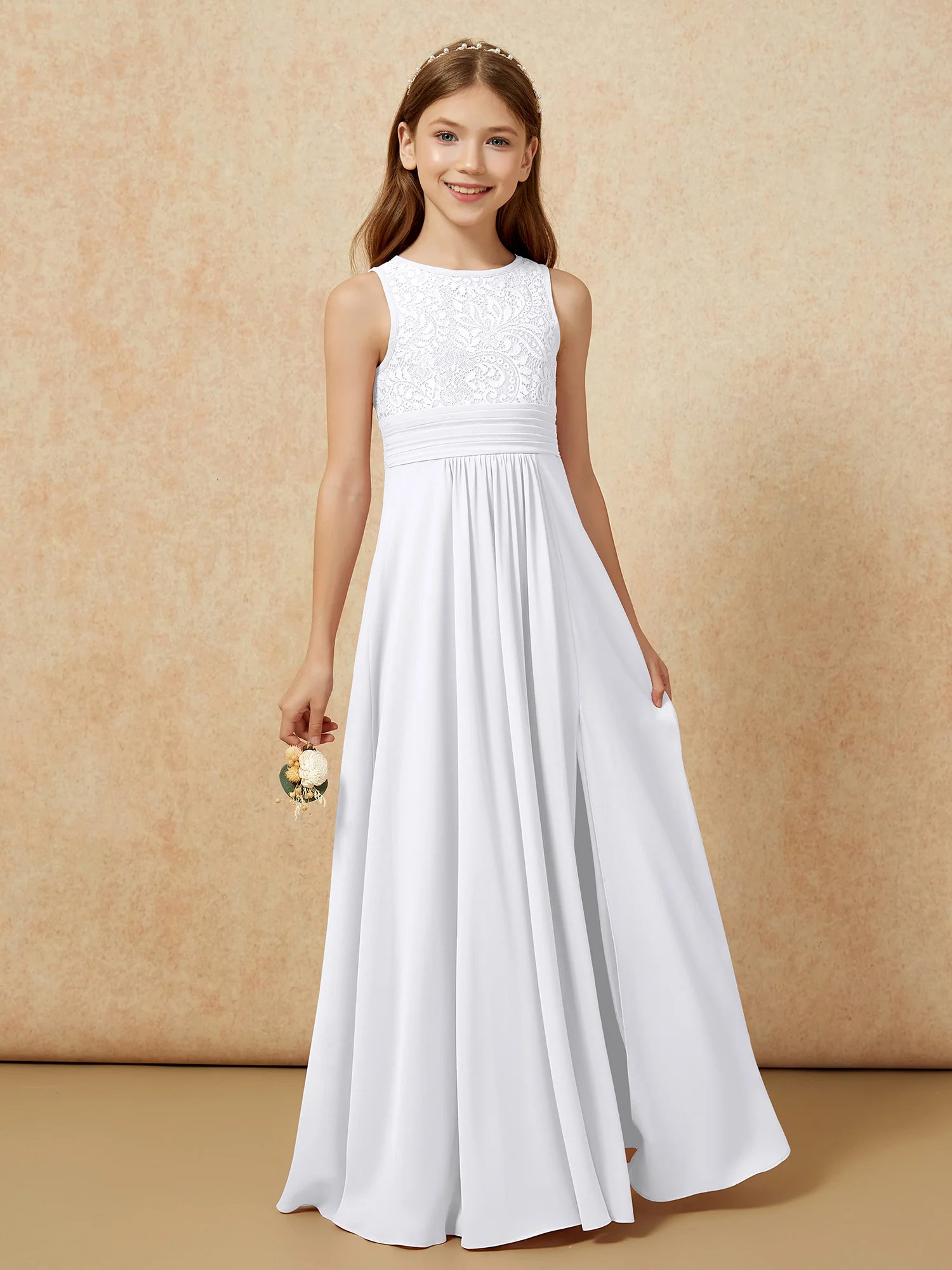Lace Top A-line Long Junior Bridesmaid Dress White - Image 5