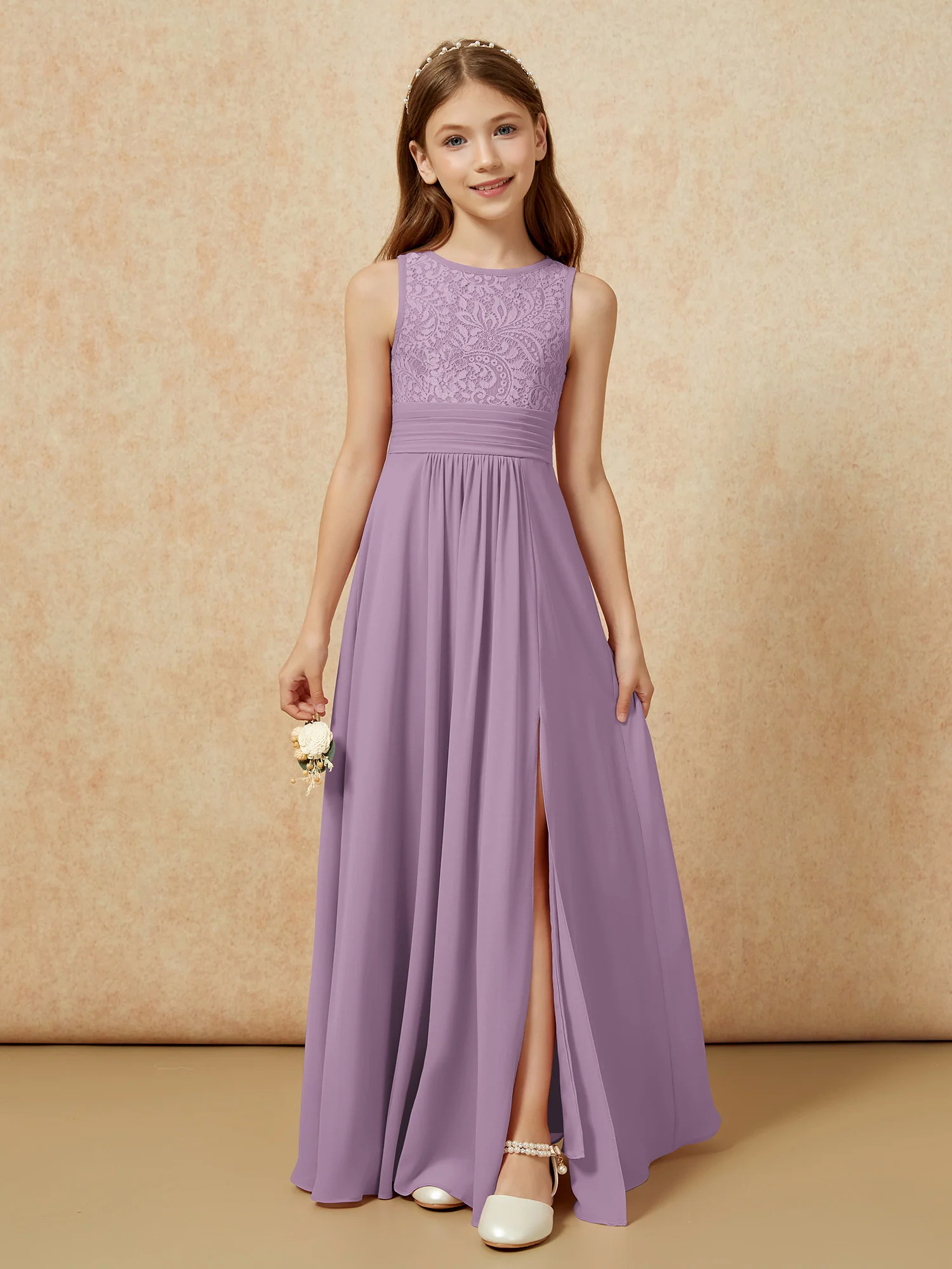 Lace Top A-line Long Junior Bridesmaid Dress Wisteria