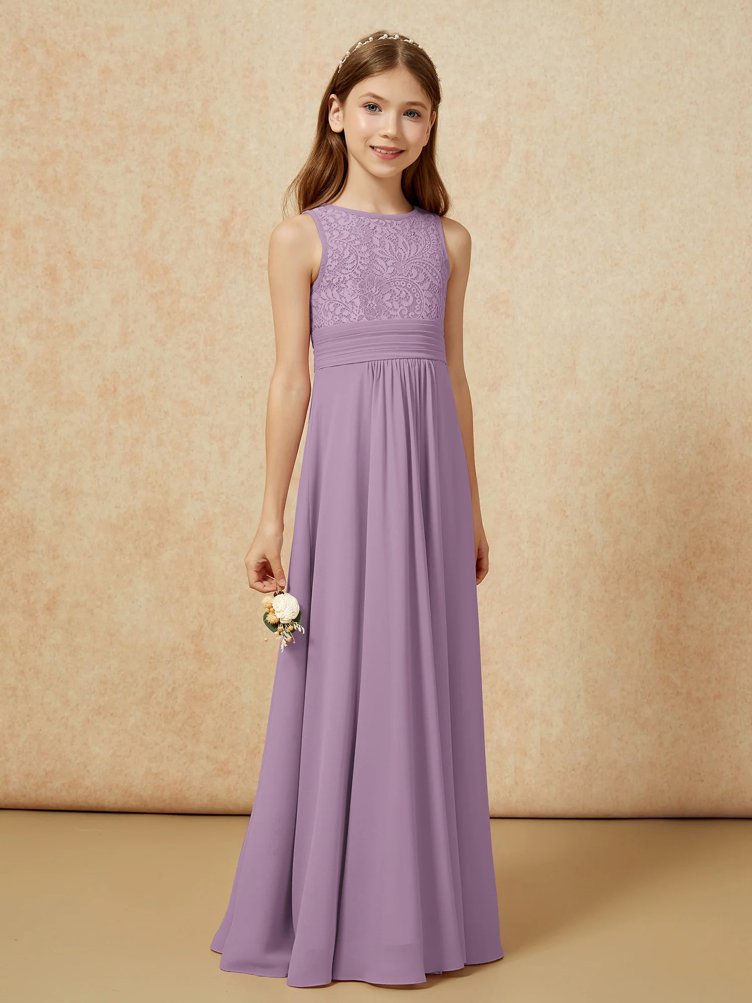 Lace Top A-line Long Junior Bridesmaid Dress Wisteria - Image 3