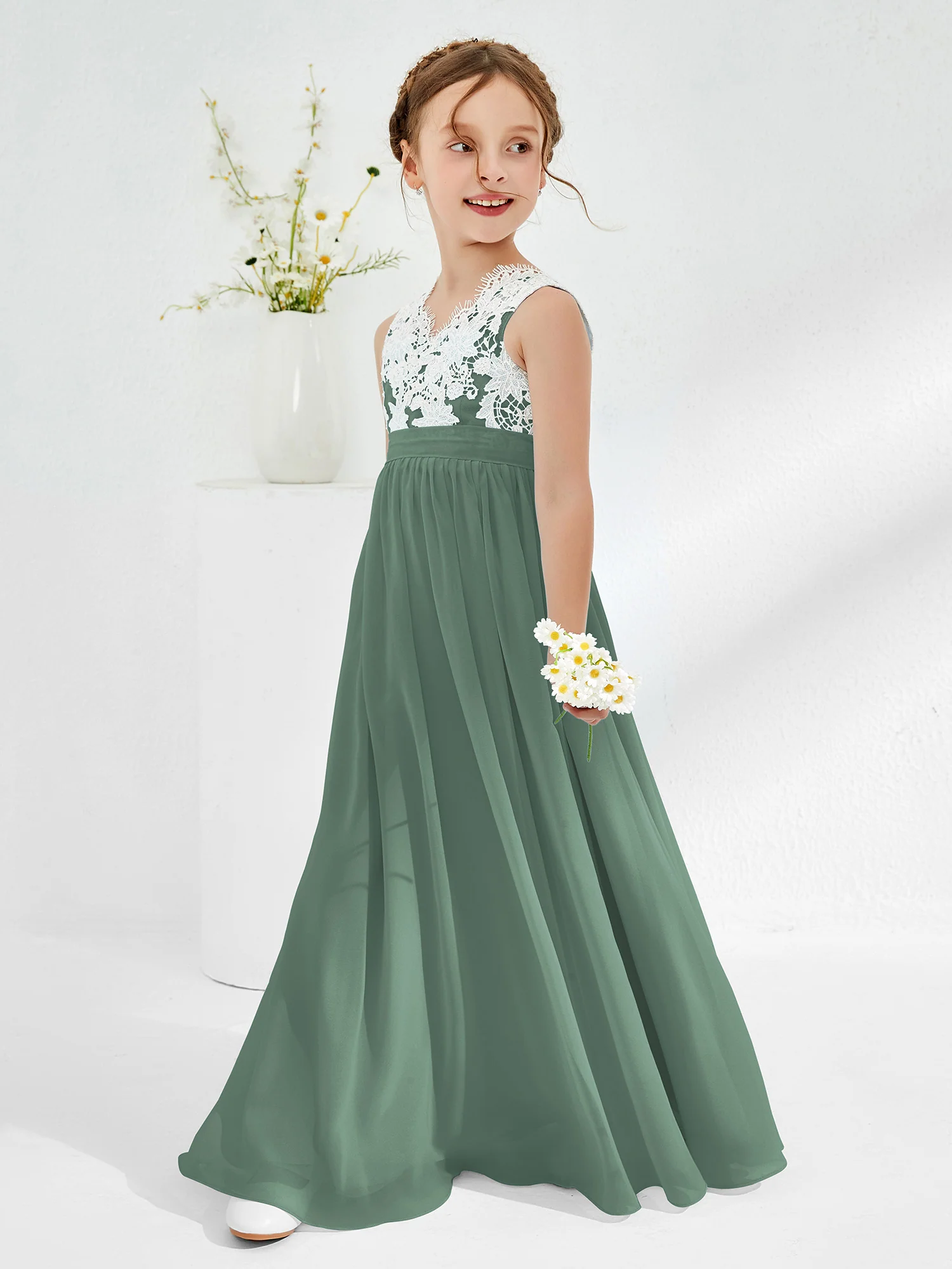 Lace Top Junior Bridesmaid Dresses Eucalyptus - Image 3