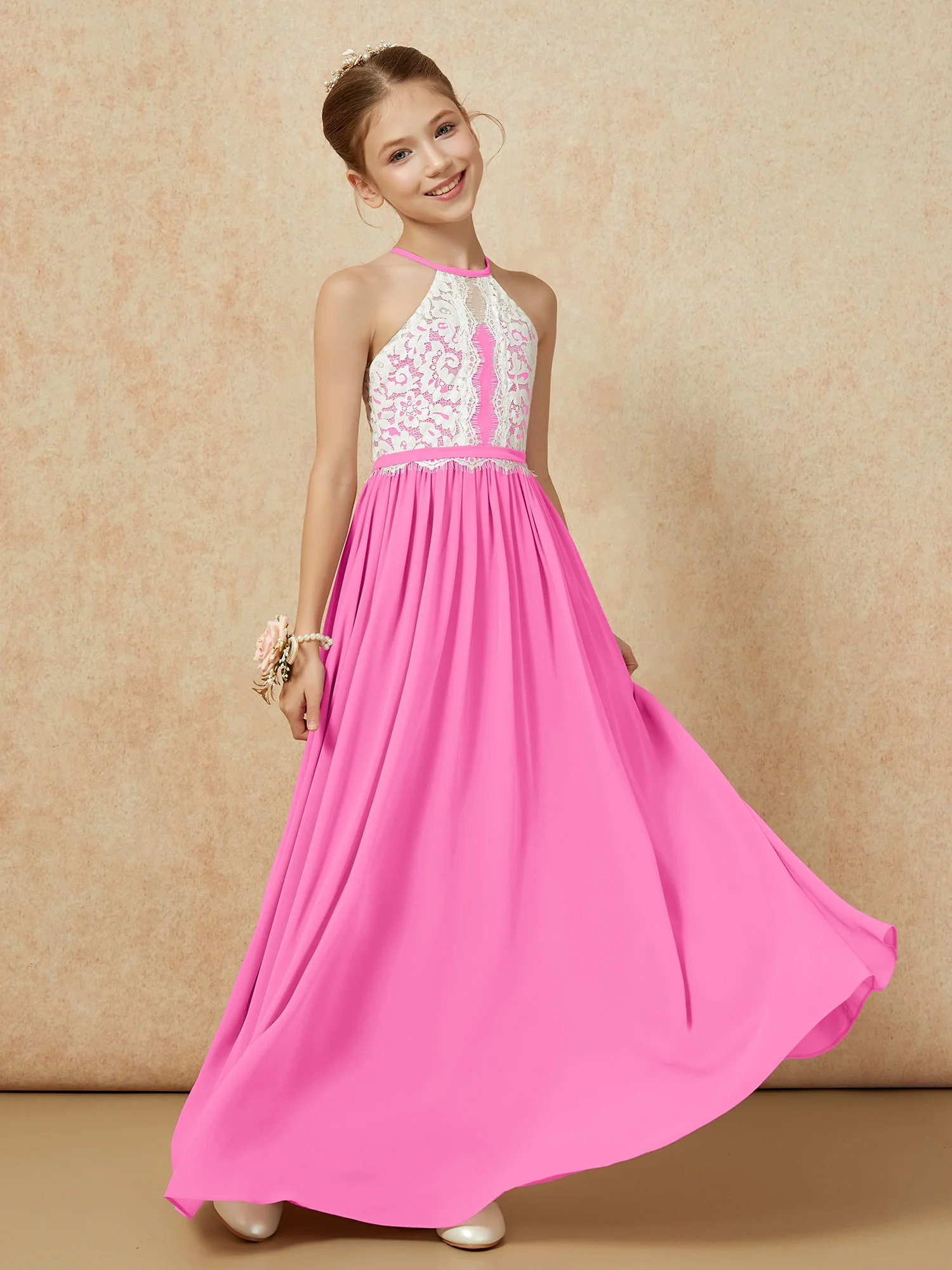 Lace Top Sleeveless Pleated Long Junior Bridesmaid Dress Azalea - Image 3