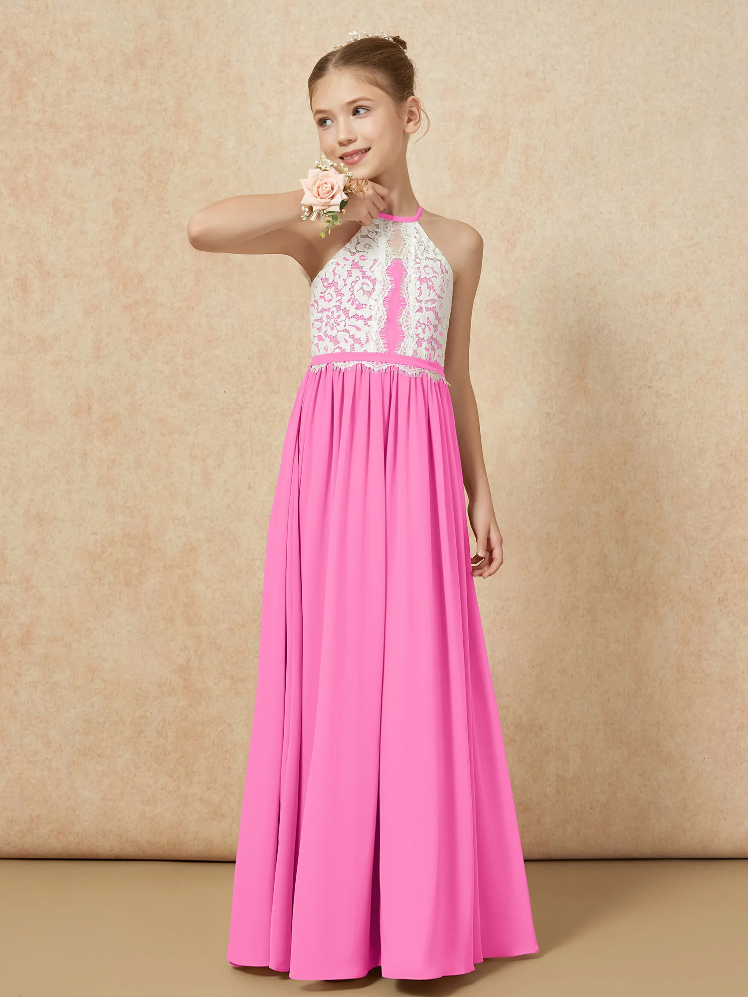 Lace Top Sleeveless Pleated Long Junior Bridesmaid Dress Azalea - Image 4
