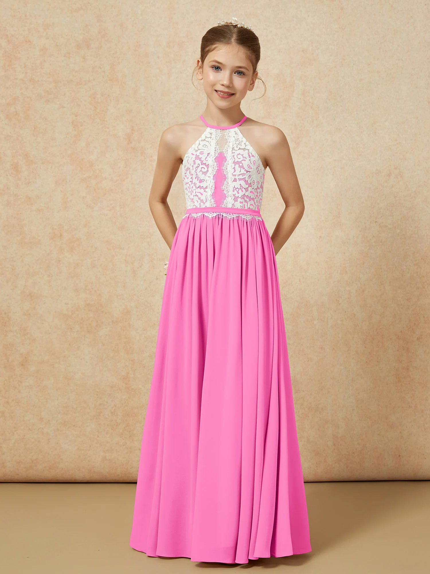 Lace Top Sleeveless Pleated Long Junior Bridesmaid Dress Azalea - Image 5