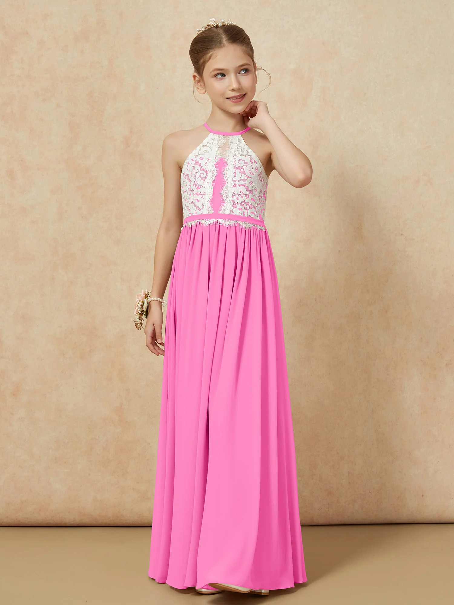 Lace Top Sleeveless Pleated Long Junior Bridesmaid Dress Azalea - Image 6
