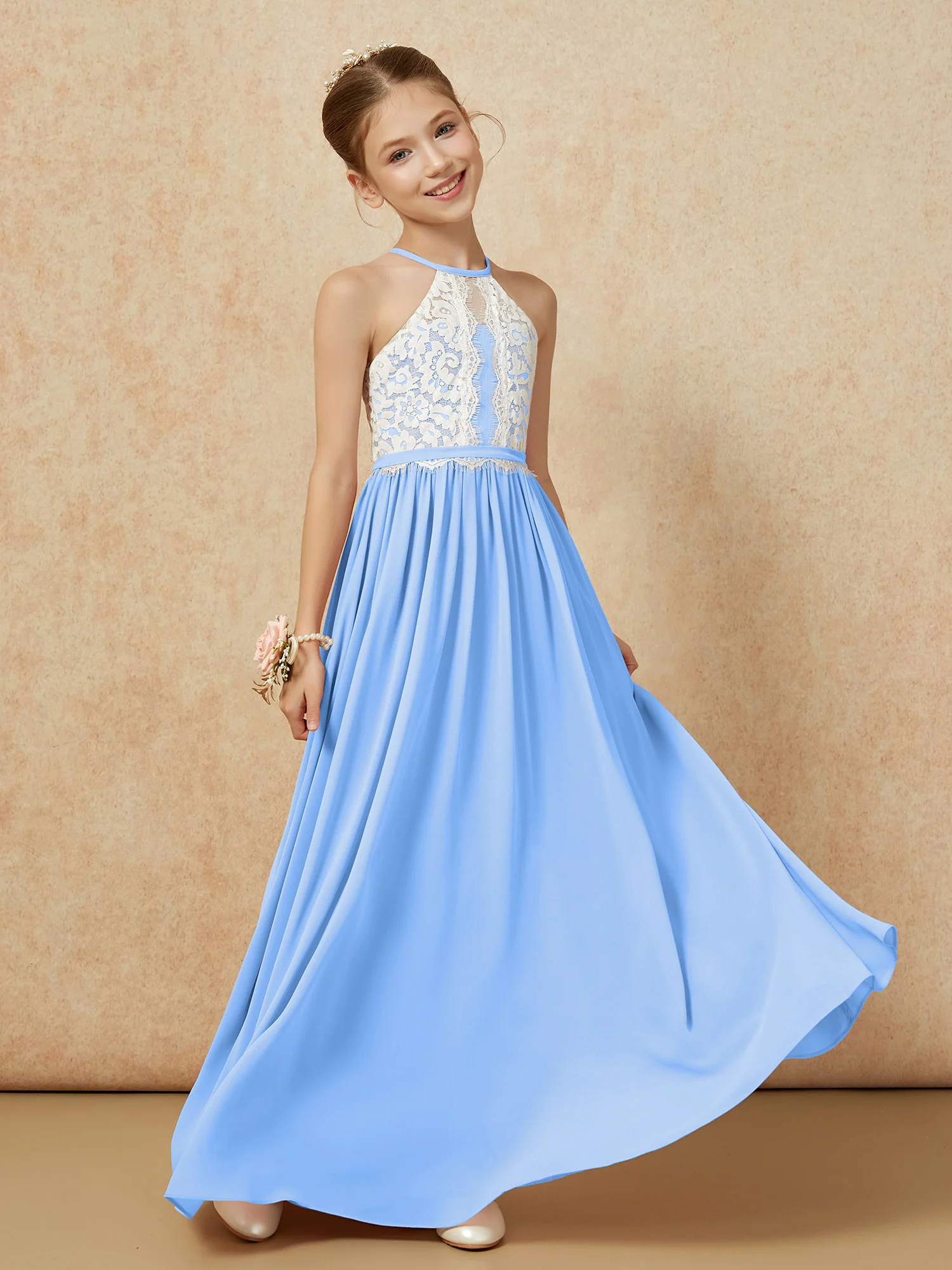 Lace Top Sleeveless Pleated Long Junior Bridesmaid Dress Blue - Image 3