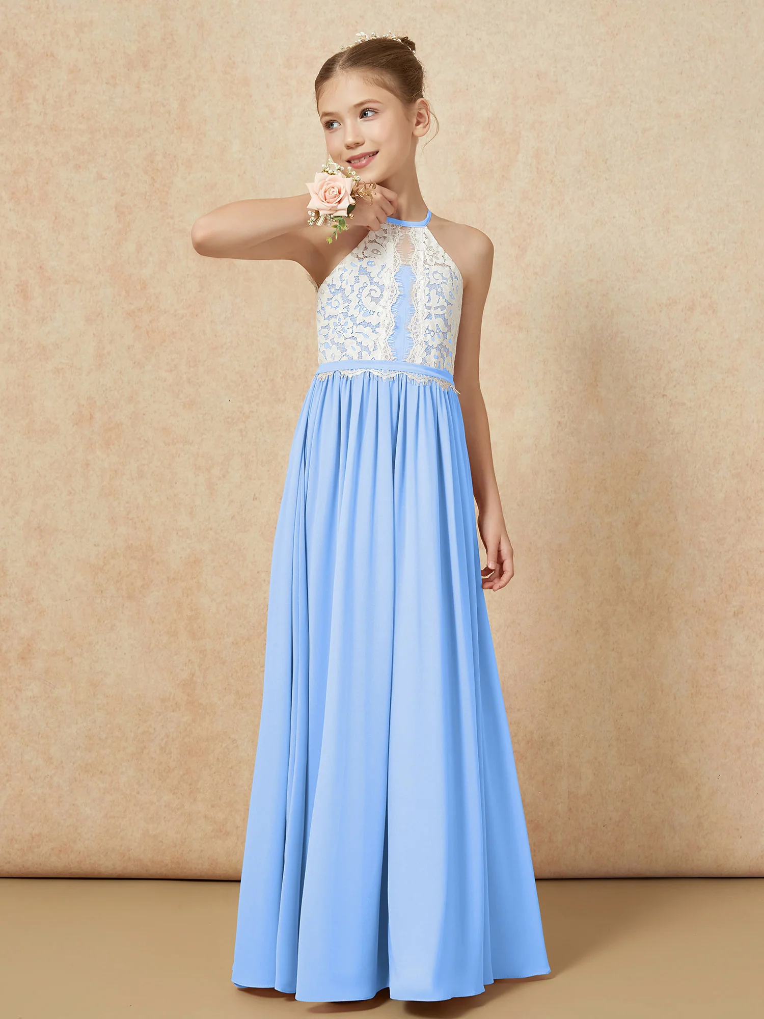 Lace Top Sleeveless Pleated Long Junior Bridesmaid Dress Blue - Image 4