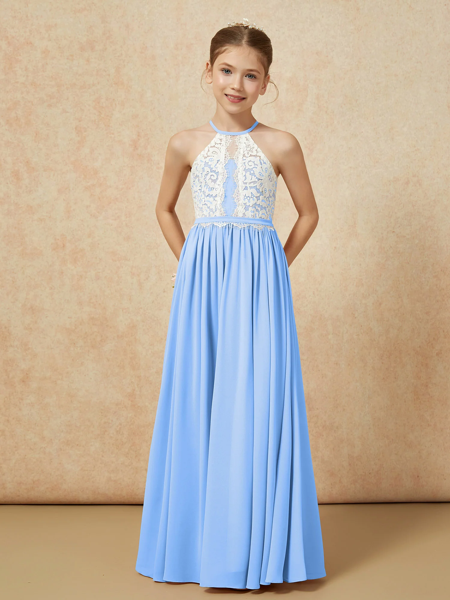 Lace Top Sleeveless Pleated Long Junior Bridesmaid Dress Blue - Image 5