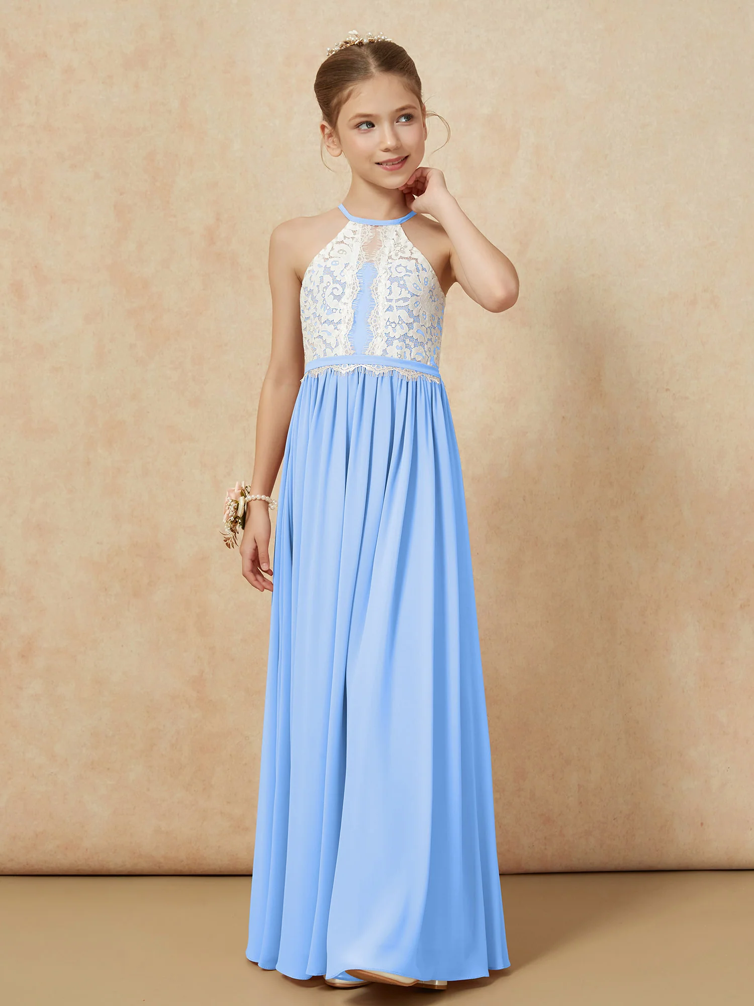 Lace Top Sleeveless Pleated Long Junior Bridesmaid Dress Blue - Image 6