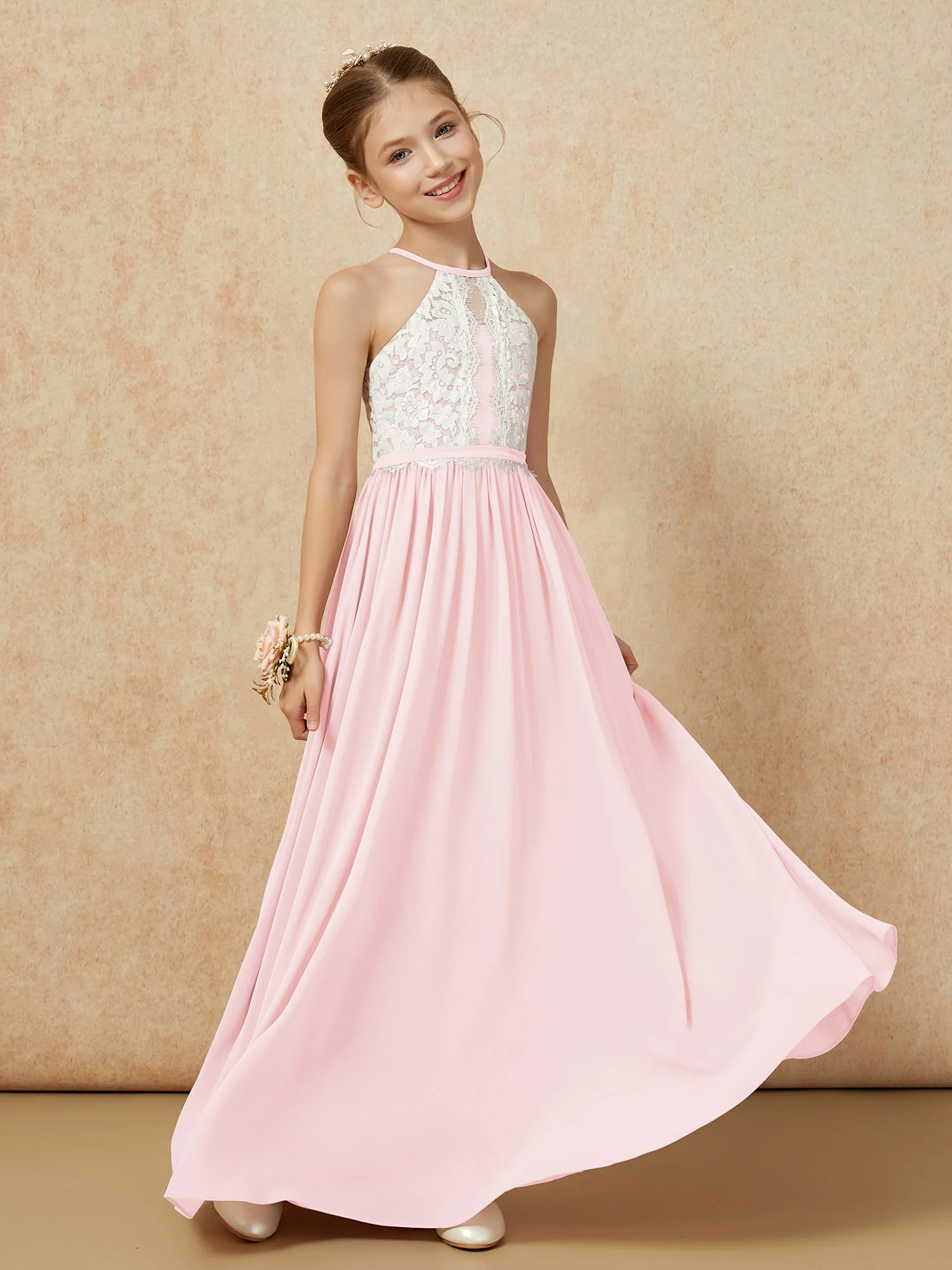 Lace Top Sleeveless Pleated Long Junior Bridesmaid Dress Blushing Pink - Image 3