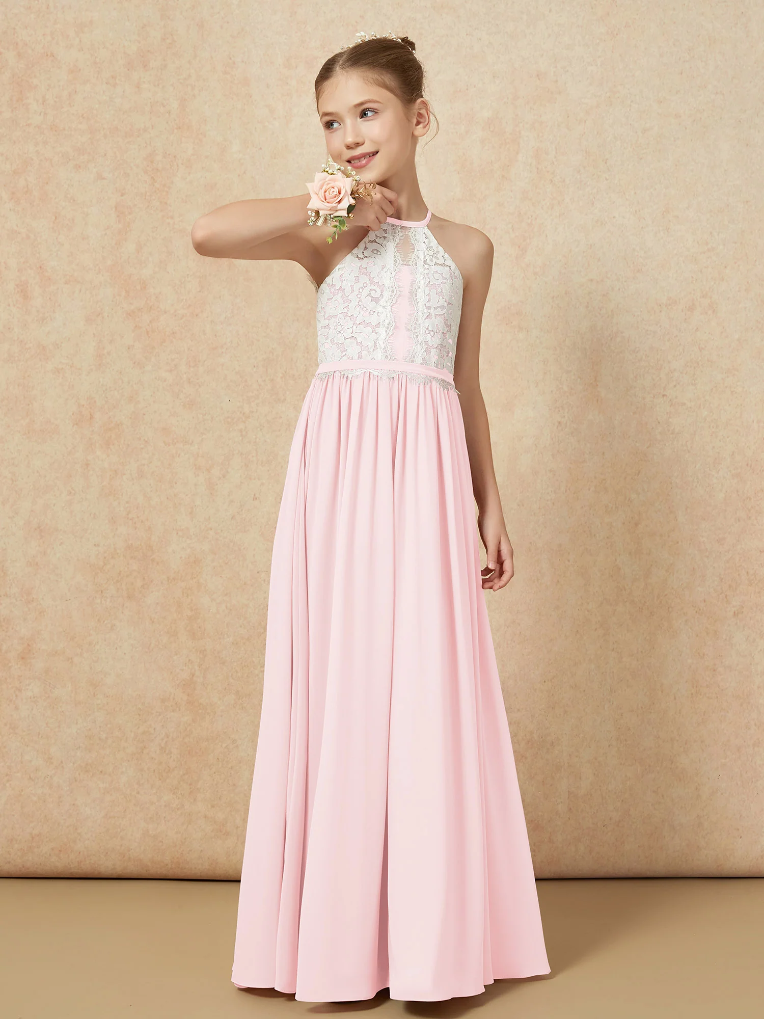 Lace Top Sleeveless Pleated Long Junior Bridesmaid Dress Blushing Pink - Image 4