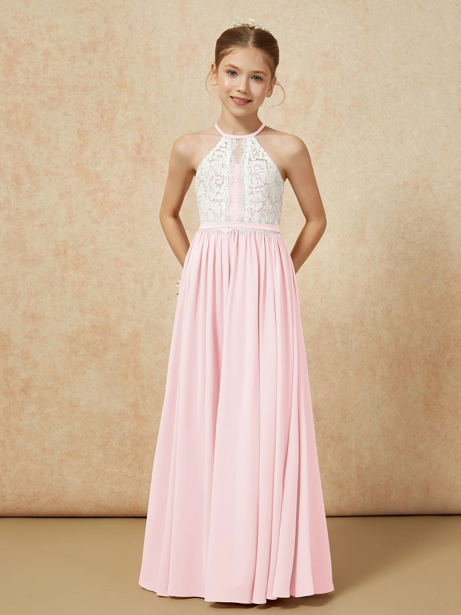 Lace Top Sleeveless Pleated Long Junior Bridesmaid Dress Blushing Pink - Image 5