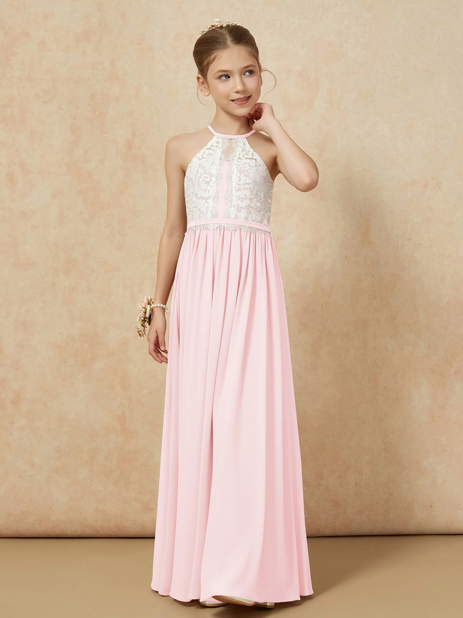 Lace Top Sleeveless Pleated Long Junior Bridesmaid Dress Blushing Pink - Image 6