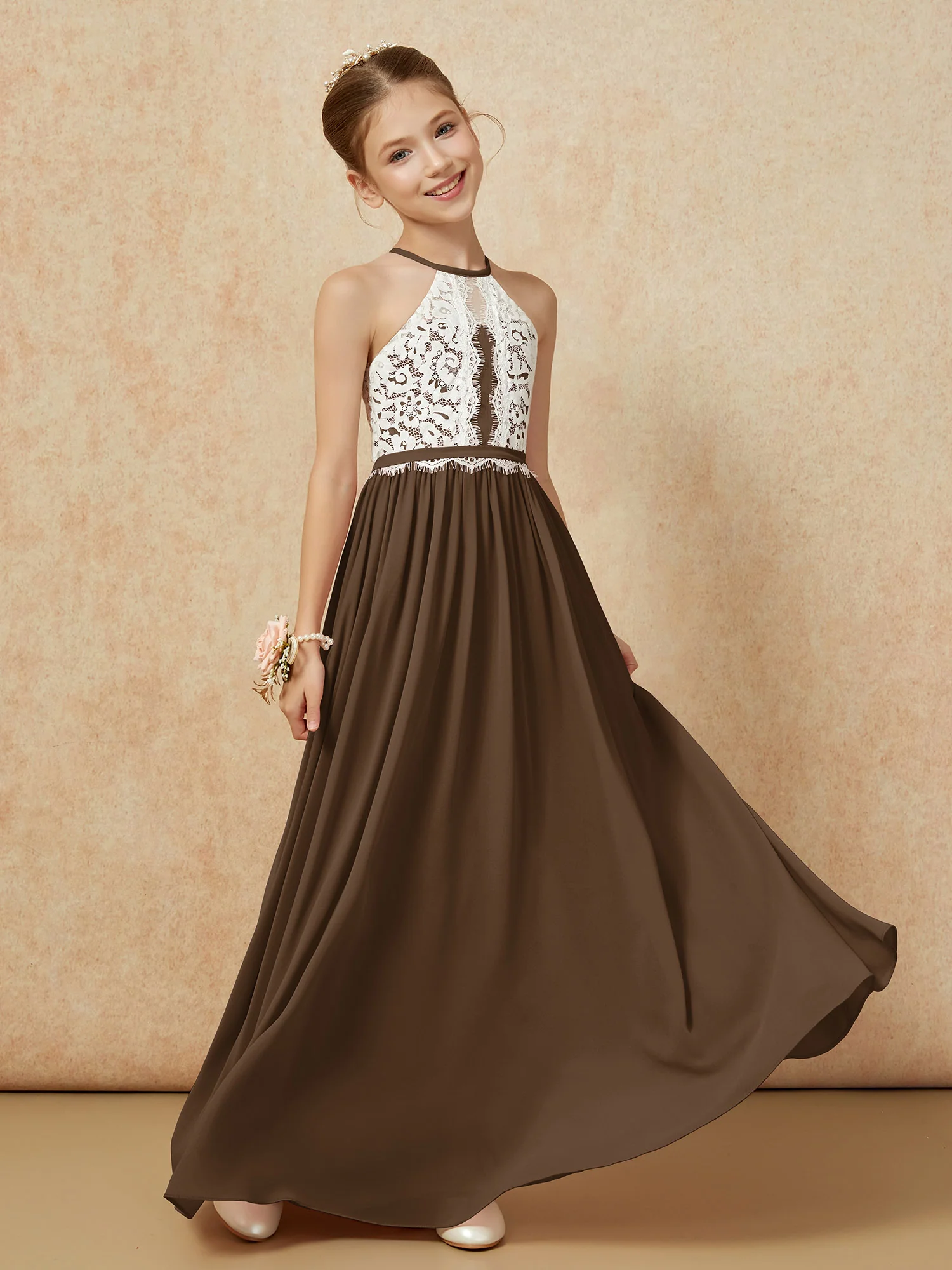 Lace Top Sleeveless Pleated Long Junior Bridesmaid Dress Brown - Image 3