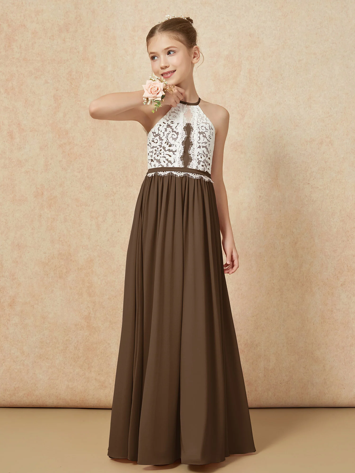 Lace Top Sleeveless Pleated Long Junior Bridesmaid Dress Brown - Image 4
