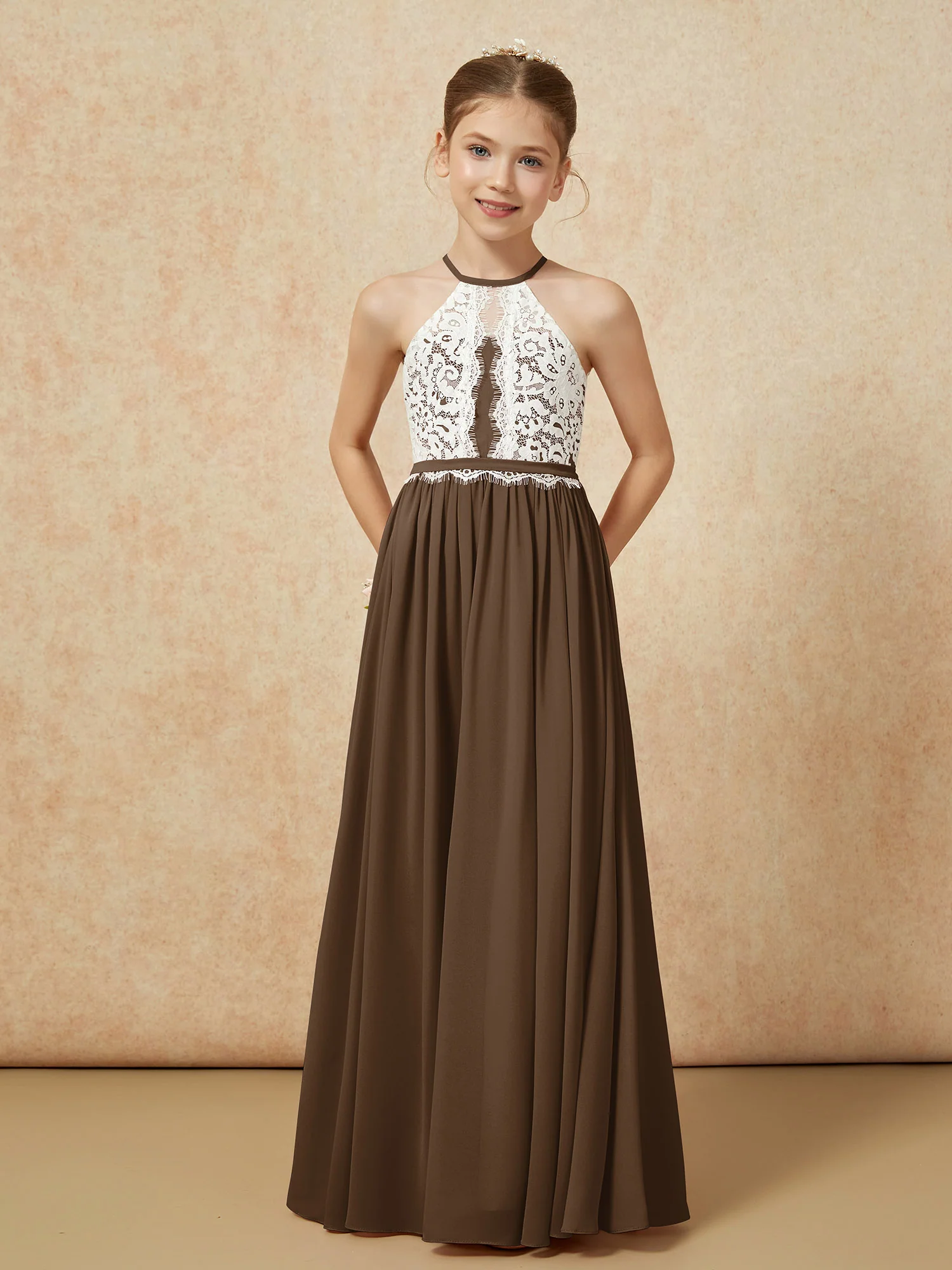 Lace Top Sleeveless Pleated Long Junior Bridesmaid Dress Brown - Image 5