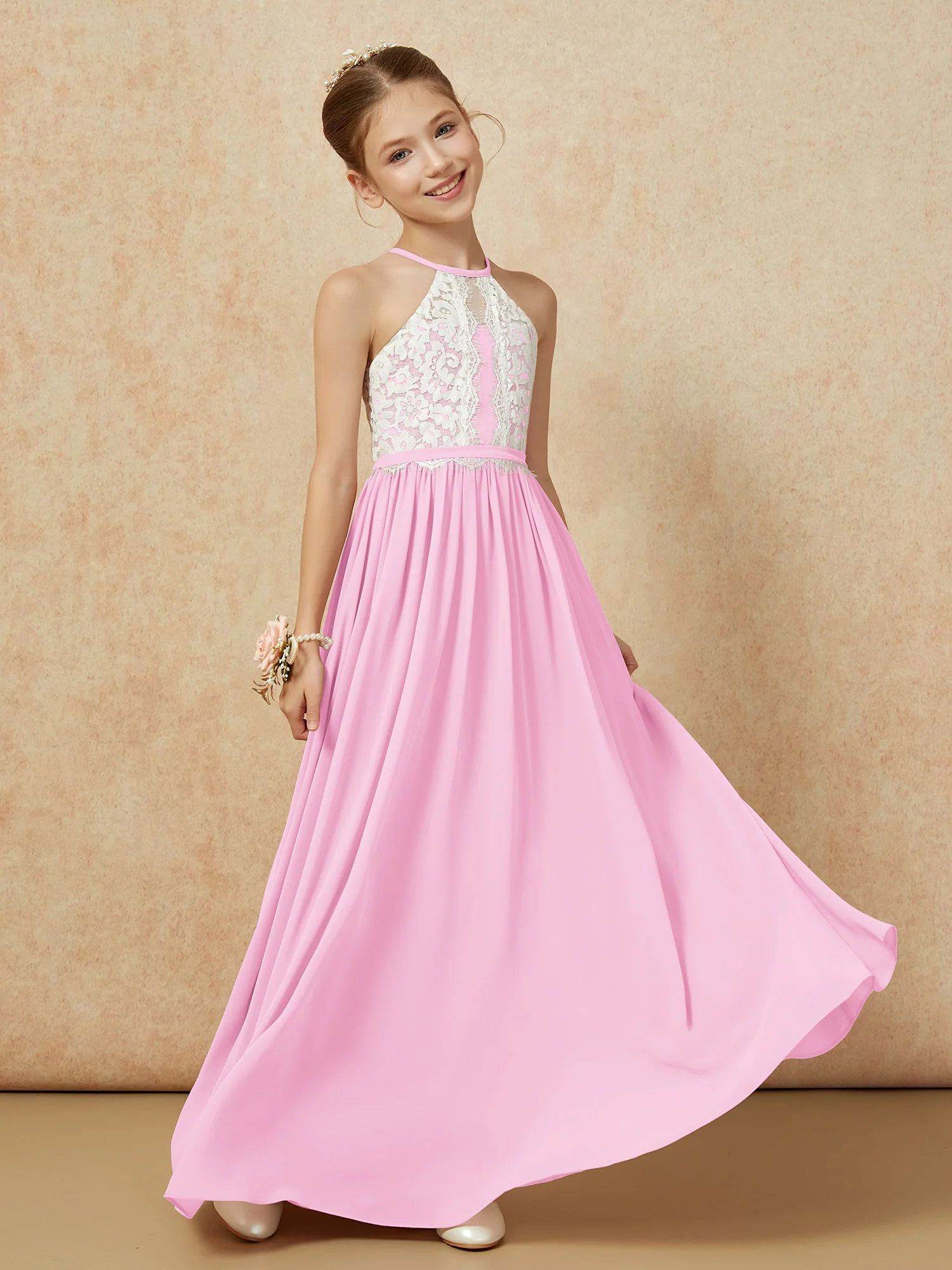Lace Top Sleeveless Pleated Long Junior Bridesmaid Dress Candy Pink - Image 3
