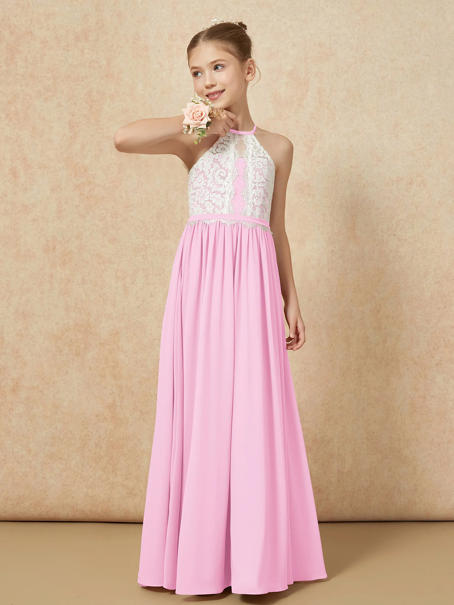Lace Top Sleeveless Pleated Long Junior Bridesmaid Dress Candy Pink - Image 4
