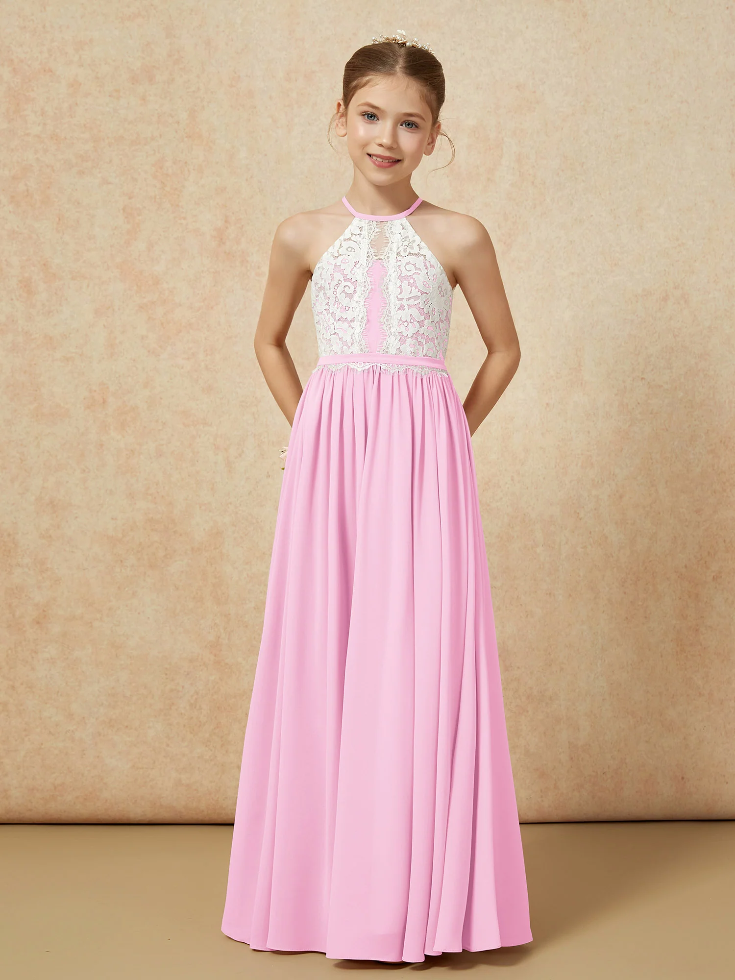 Lace Top Sleeveless Pleated Long Junior Bridesmaid Dress Candy Pink - Image 5