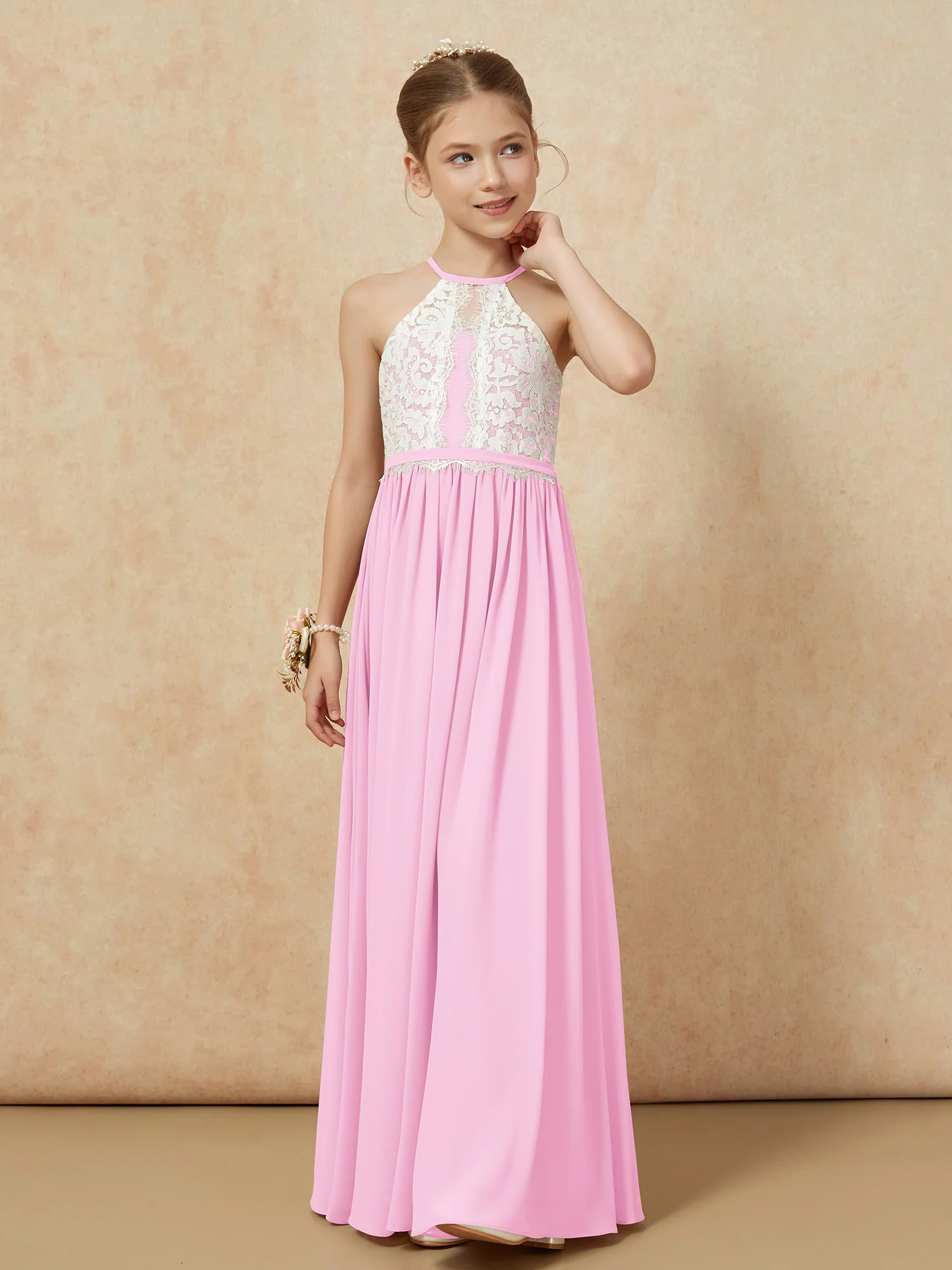 Lace Top Sleeveless Pleated Long Junior Bridesmaid Dress Candy Pink - Image 6