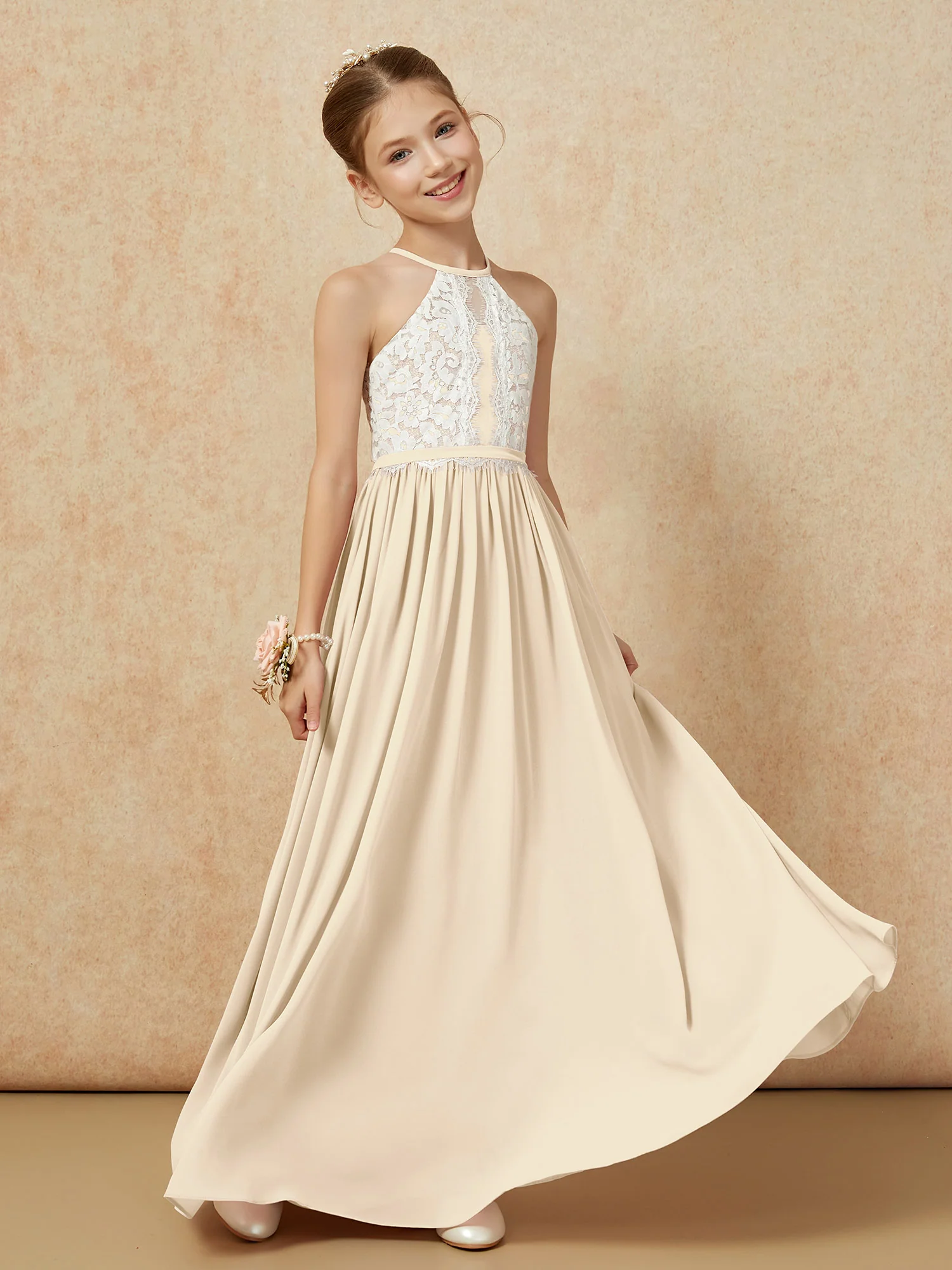 Lace Top Sleeveless Pleated Long Junior Bridesmaid Dress Champagne - Image 3