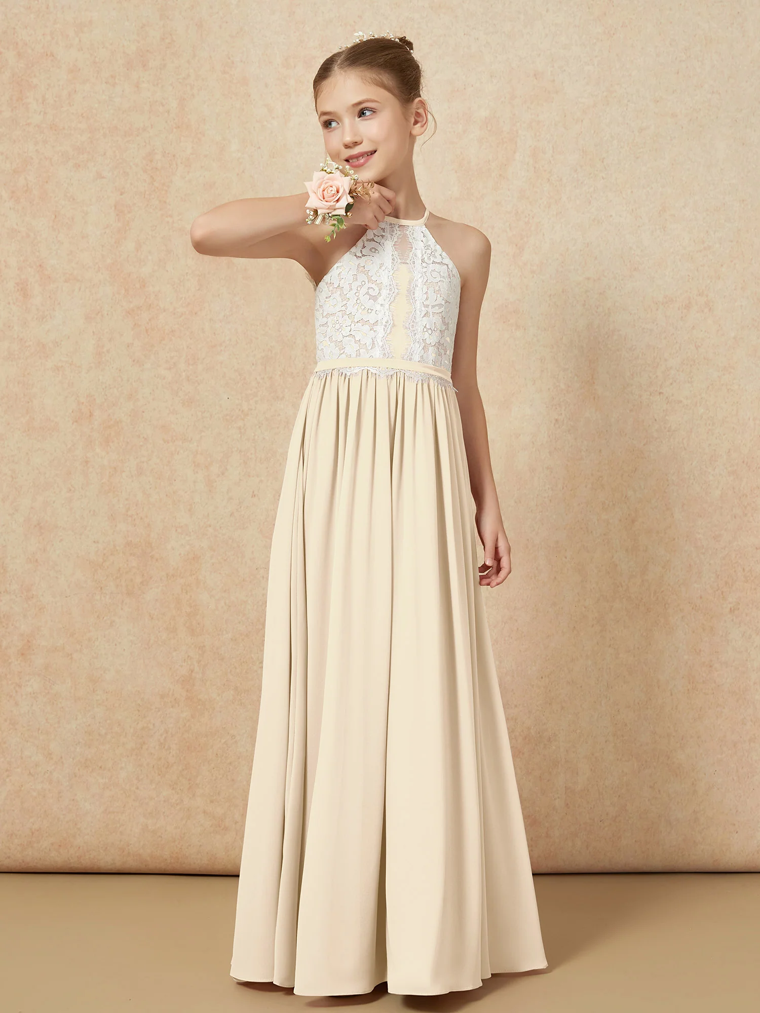 Lace Top Sleeveless Pleated Long Junior Bridesmaid Dress Champagne - Image 4