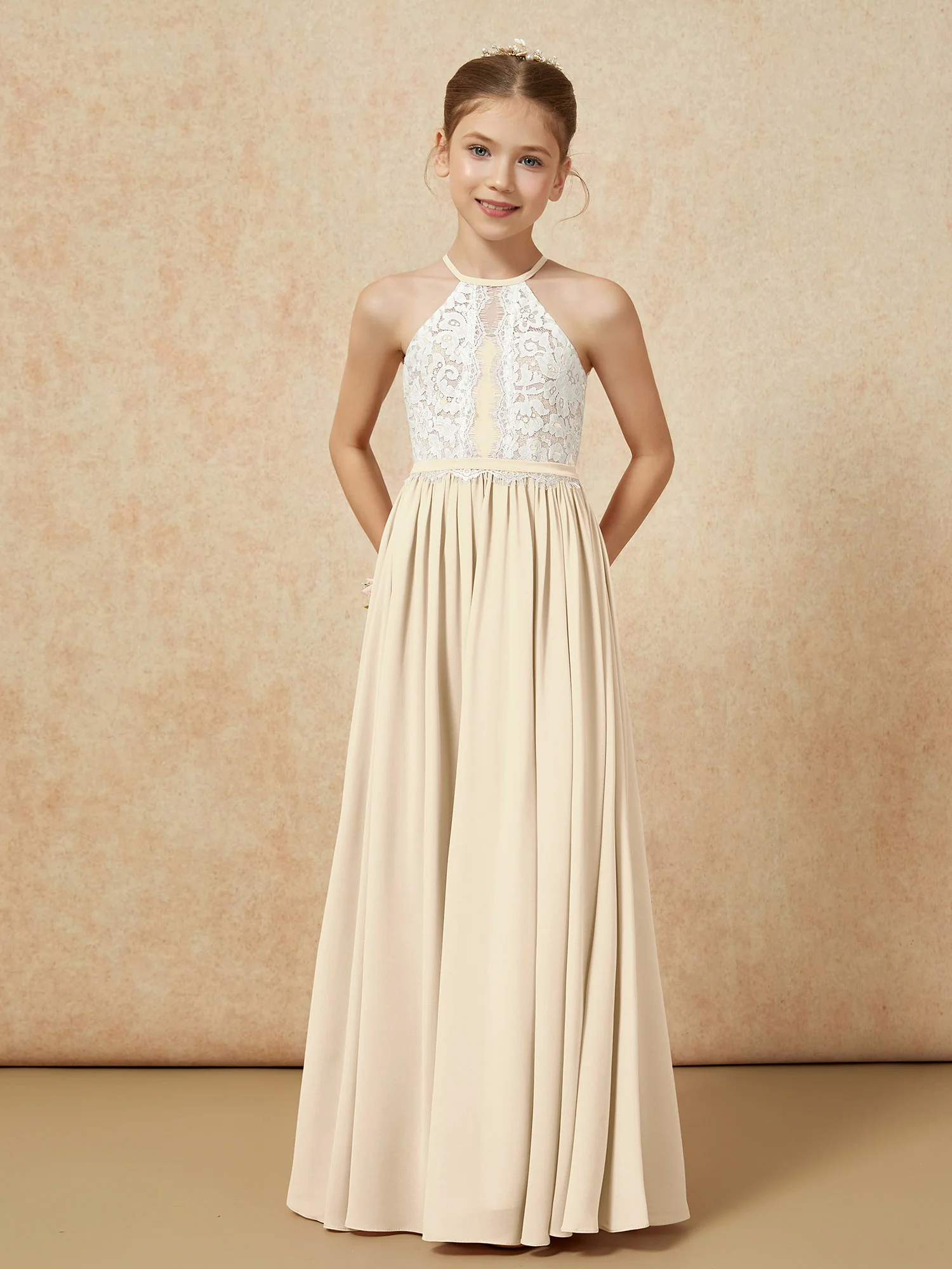 Lace Top Sleeveless Pleated Long Junior Bridesmaid Dress Champagne - Image 5