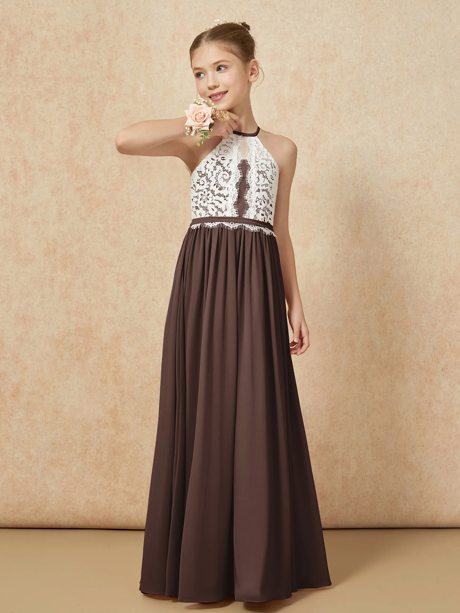 Lace Top Sleeveless Pleated Long Junior Bridesmaid Dress Chocolate - Image 4