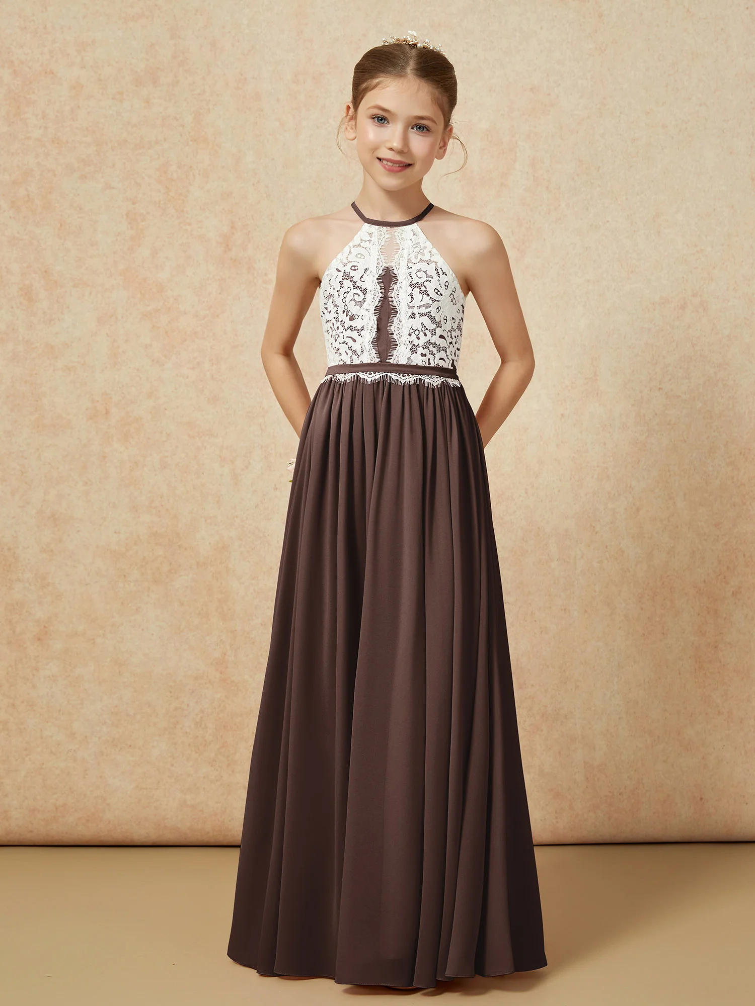 Lace Top Sleeveless Pleated Long Junior Bridesmaid Dress Chocolate - Image 5