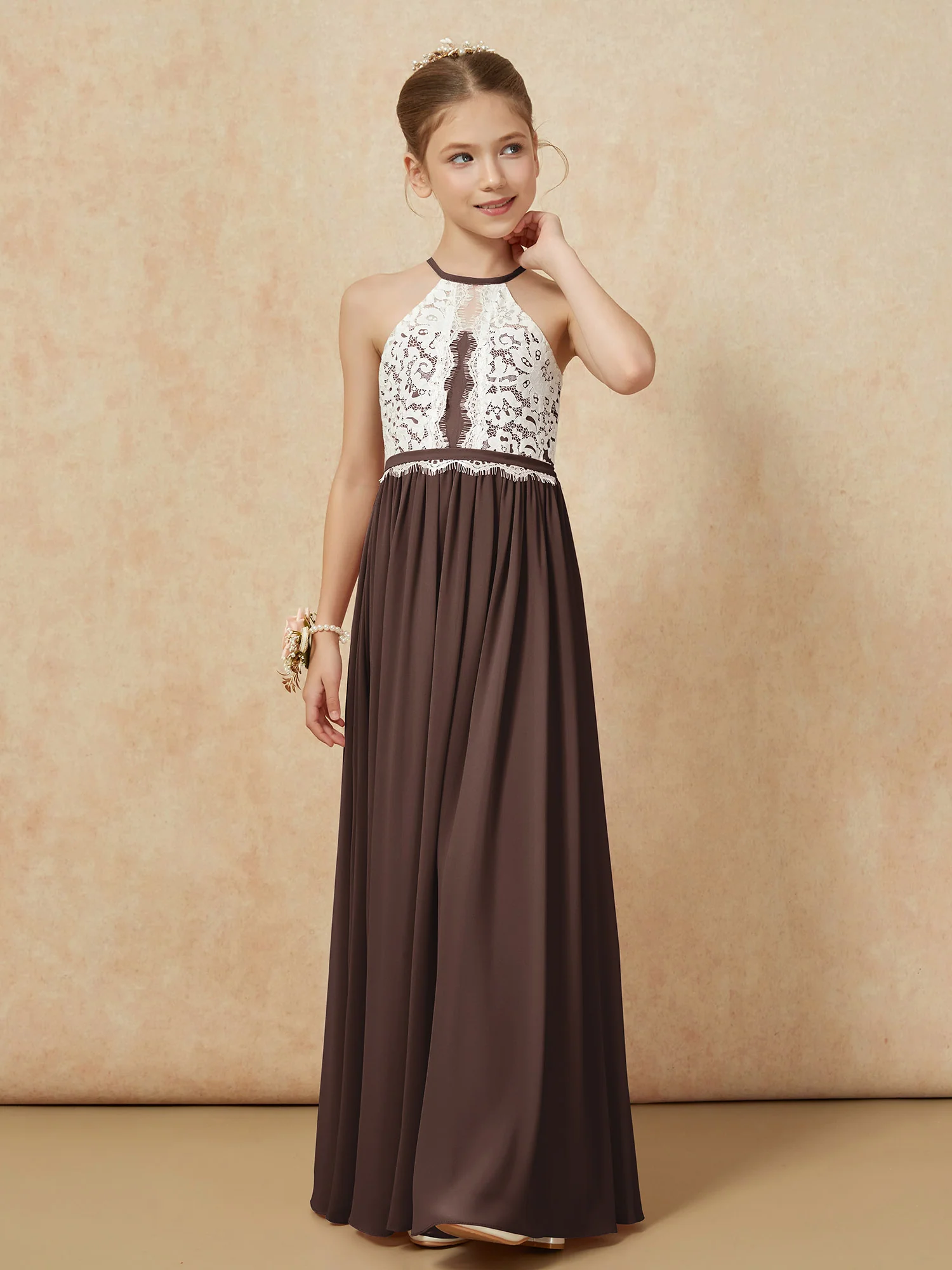 Lace Top Sleeveless Pleated Long Junior Bridesmaid Dress Chocolate - Image 6