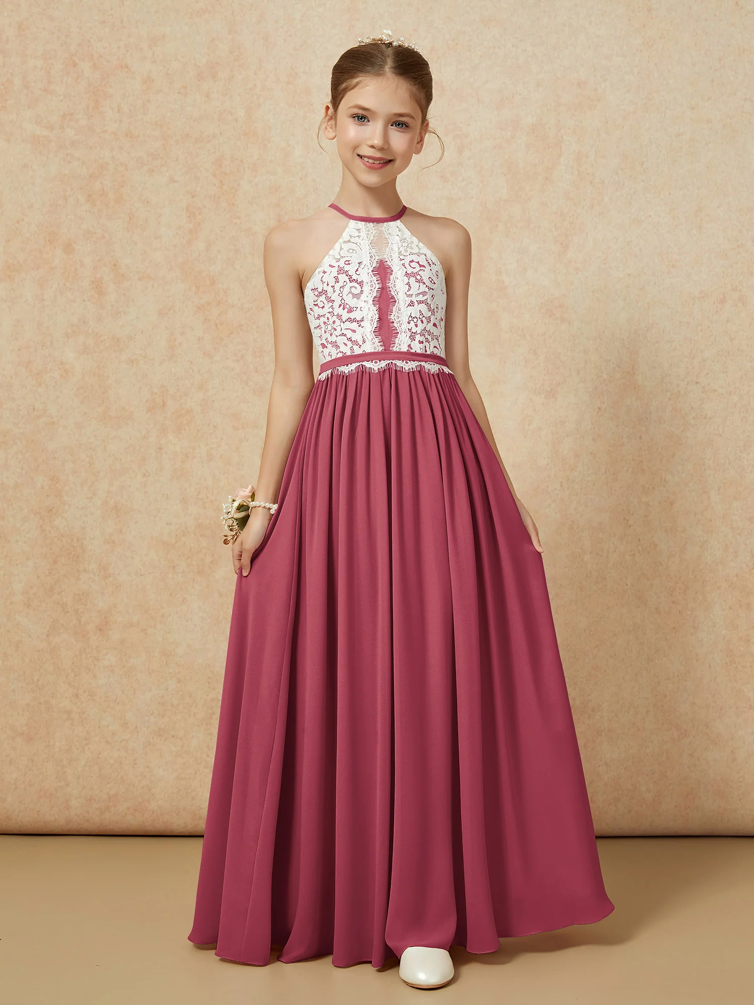 Lace Top Sleeveless Pleated Long Junior Bridesmaid Dress Cinnamon Rose