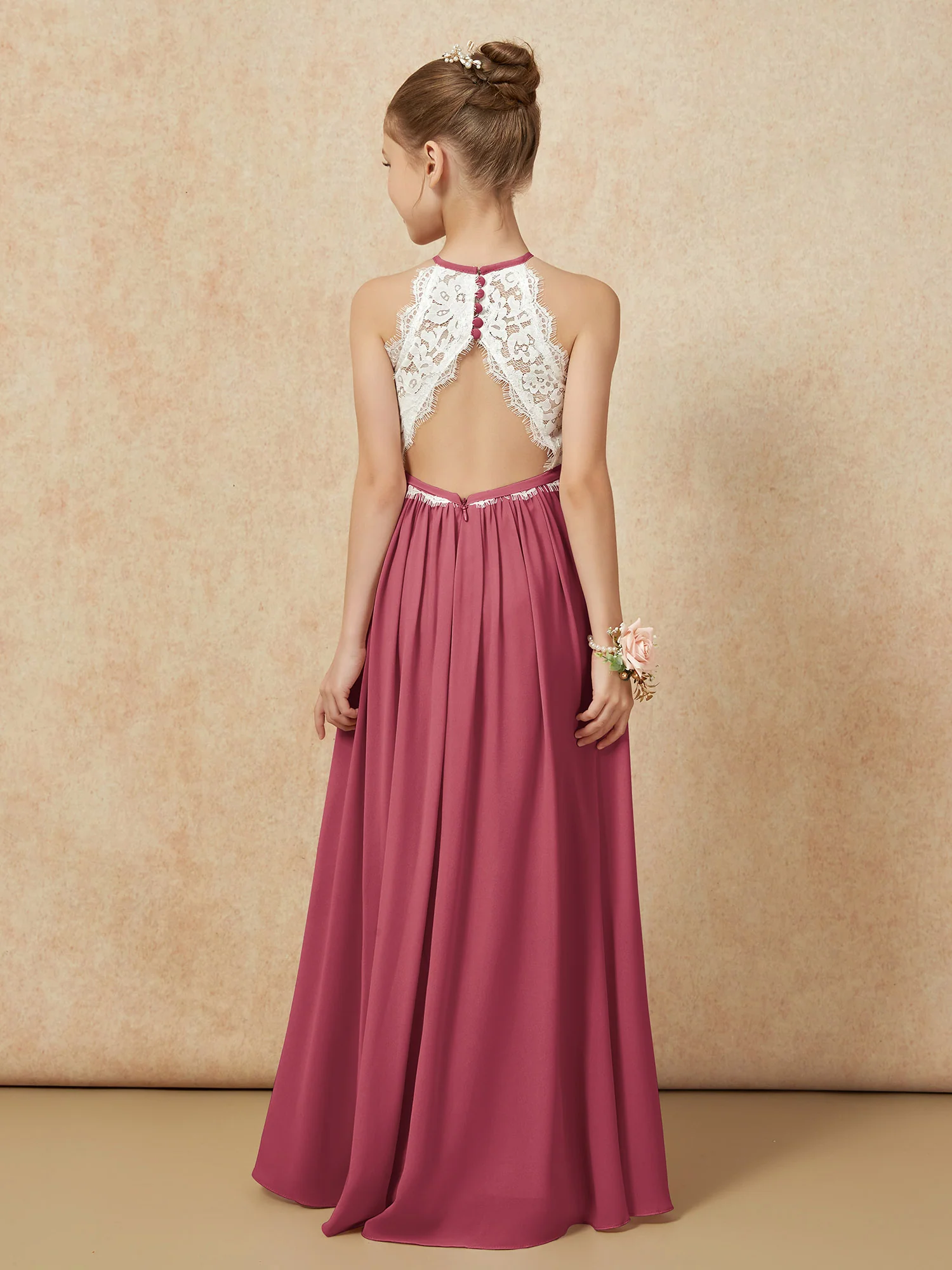 Lace Top Sleeveless Pleated Long Junior Bridesmaid Dress Cinnamon Rose - Image 2