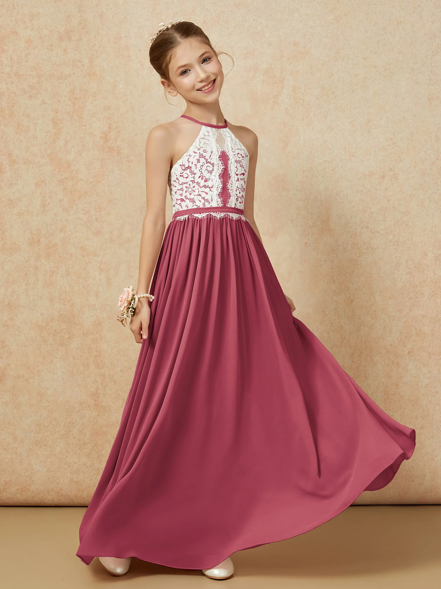 Lace Top Sleeveless Pleated Long Junior Bridesmaid Dress Cinnamon Rose - Image 3