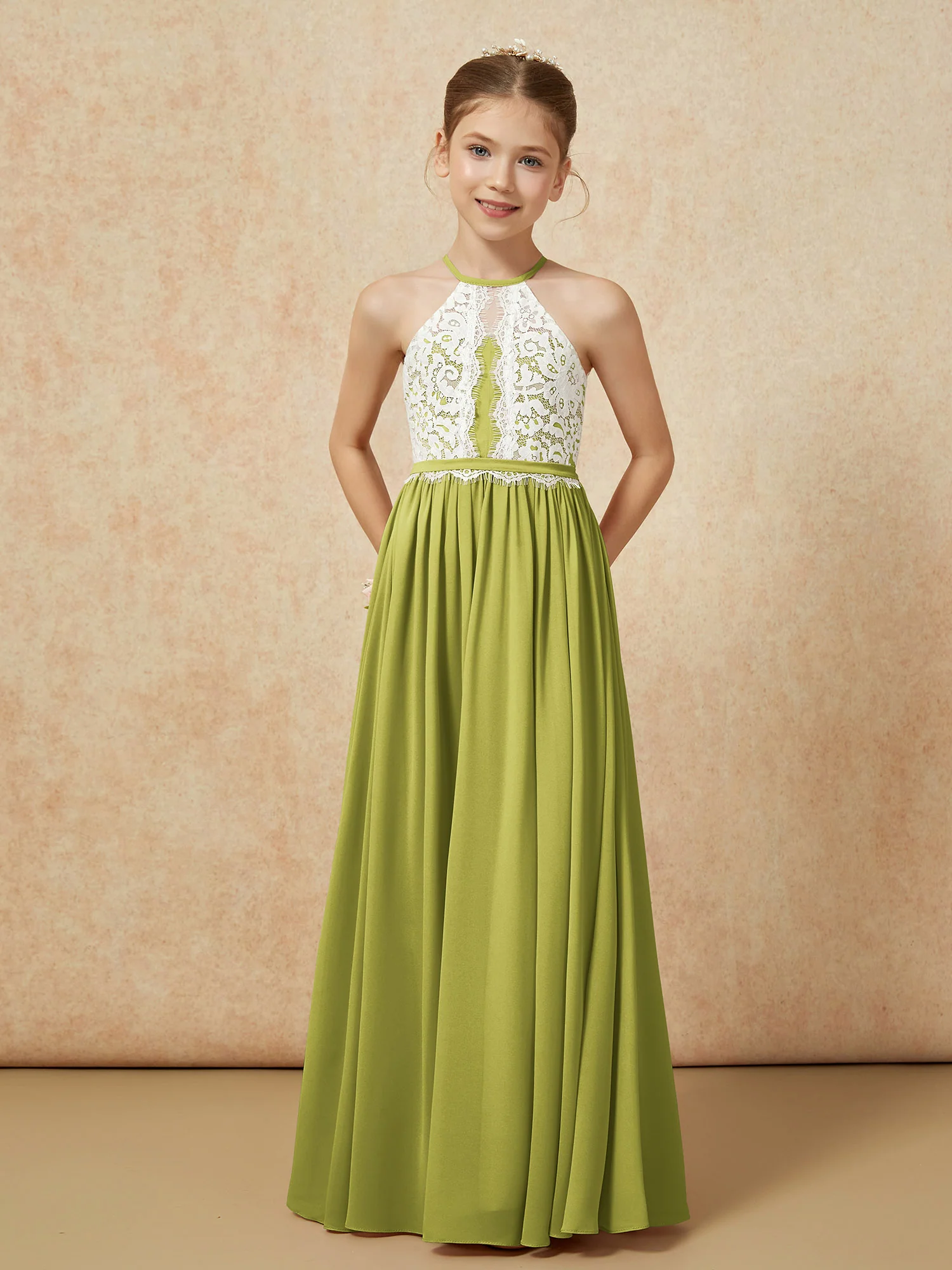 Lace Top Sleeveless Pleated Long Junior Bridesmaid Dress Clover - Image 5