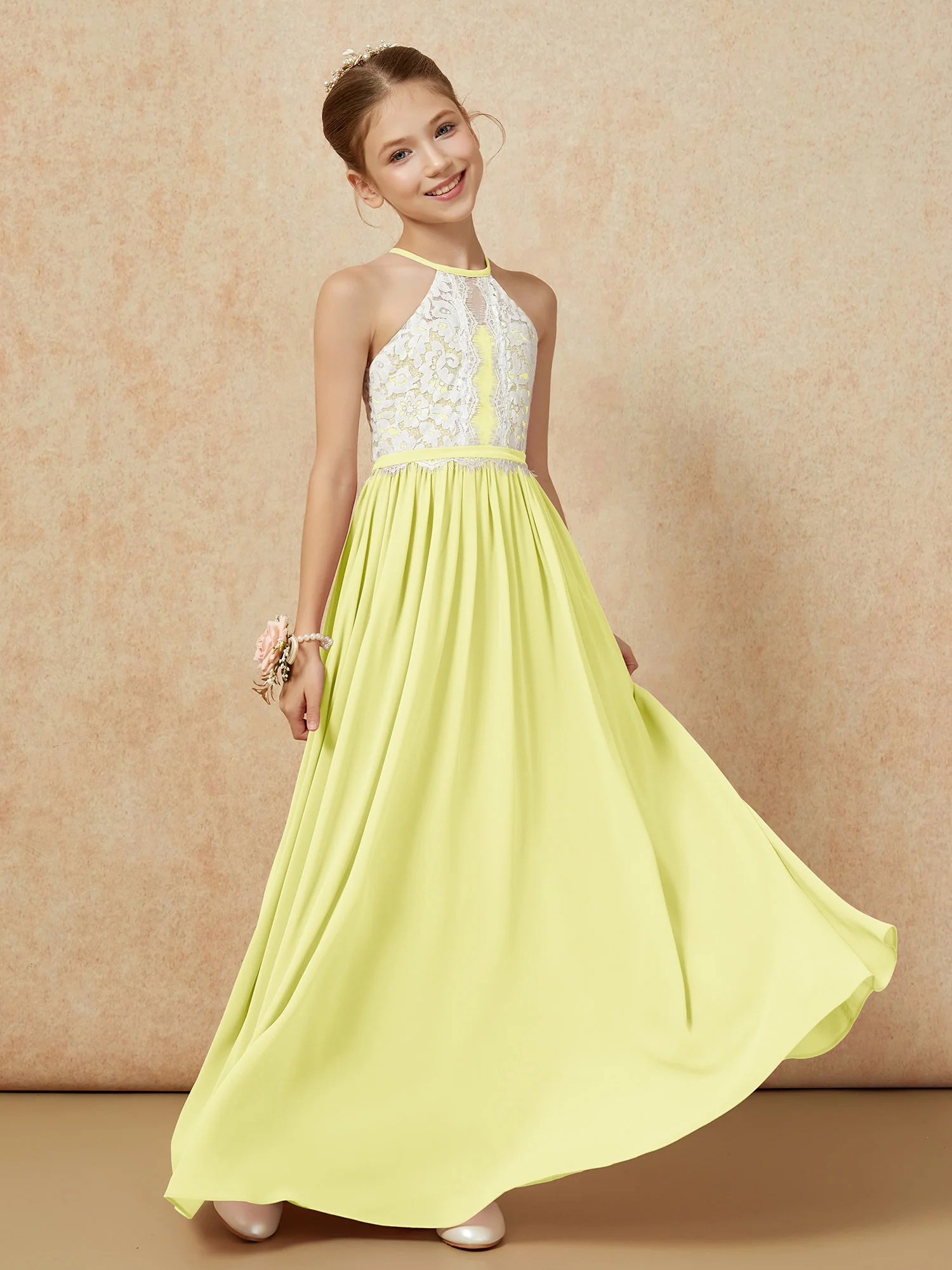 Lace Top Sleeveless Pleated Long Junior Bridesmaid Dress Daffodil - Image 3