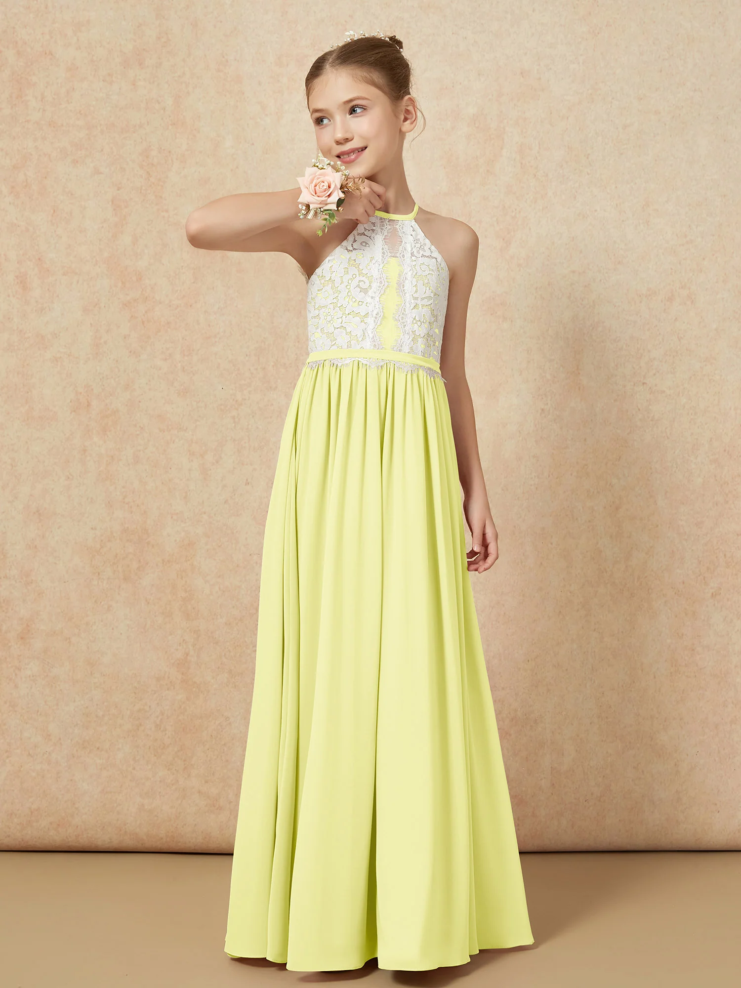 Lace Top Sleeveless Pleated Long Junior Bridesmaid Dress Daffodil - Image 4