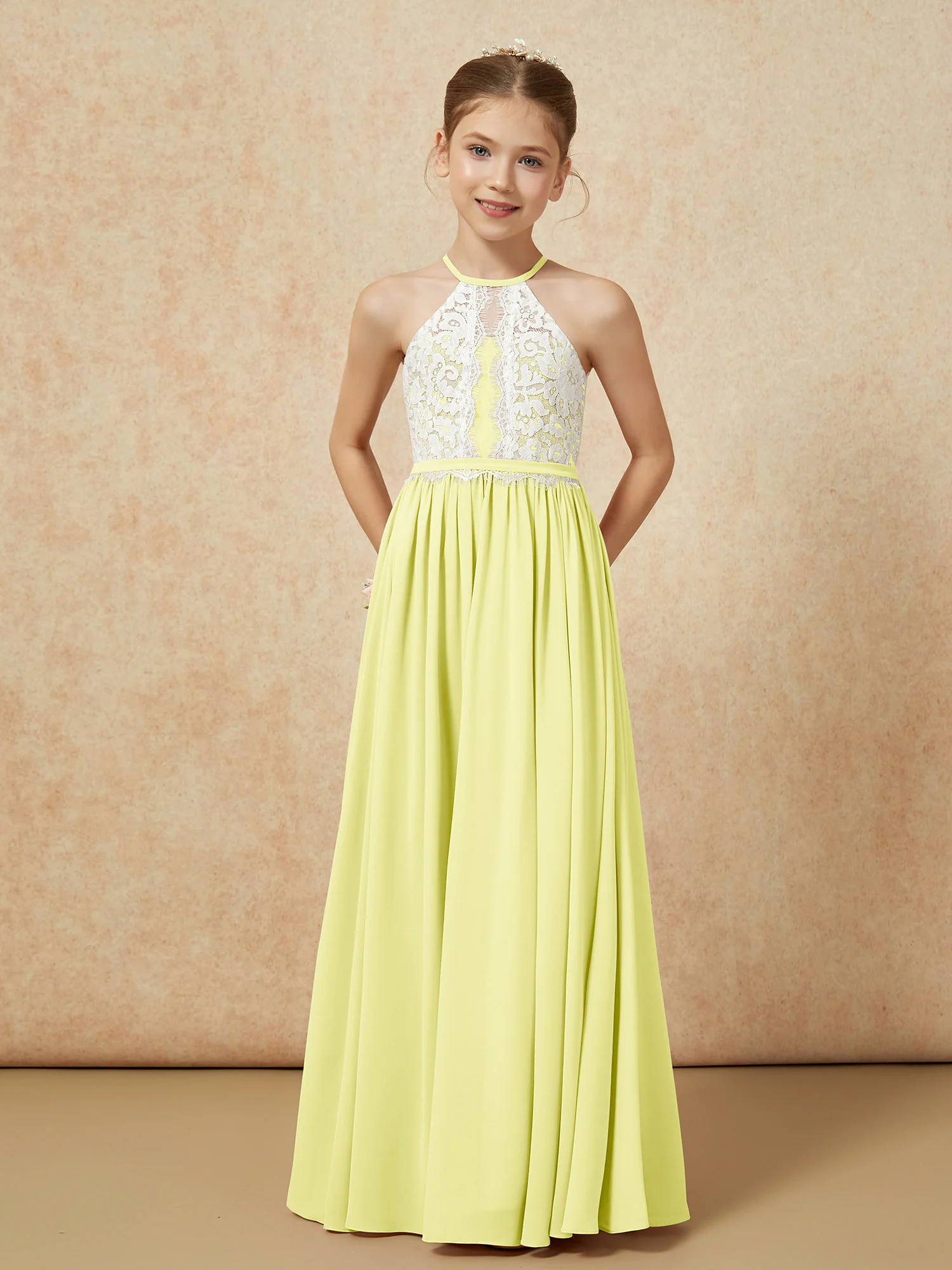 Lace Top Sleeveless Pleated Long Junior Bridesmaid Dress Daffodil - Image 5