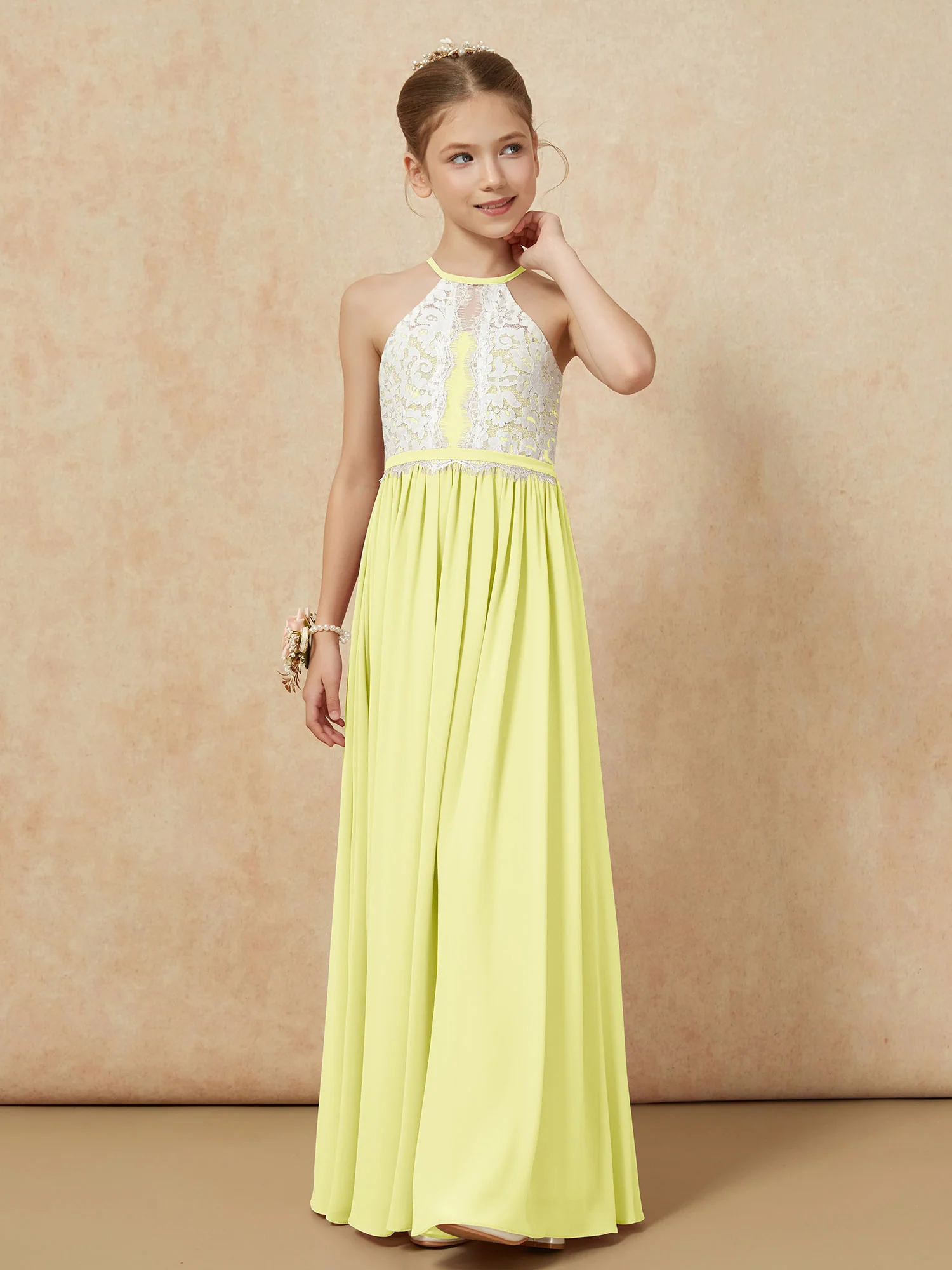 Lace Top Sleeveless Pleated Long Junior Bridesmaid Dress Daffodil - Image 6