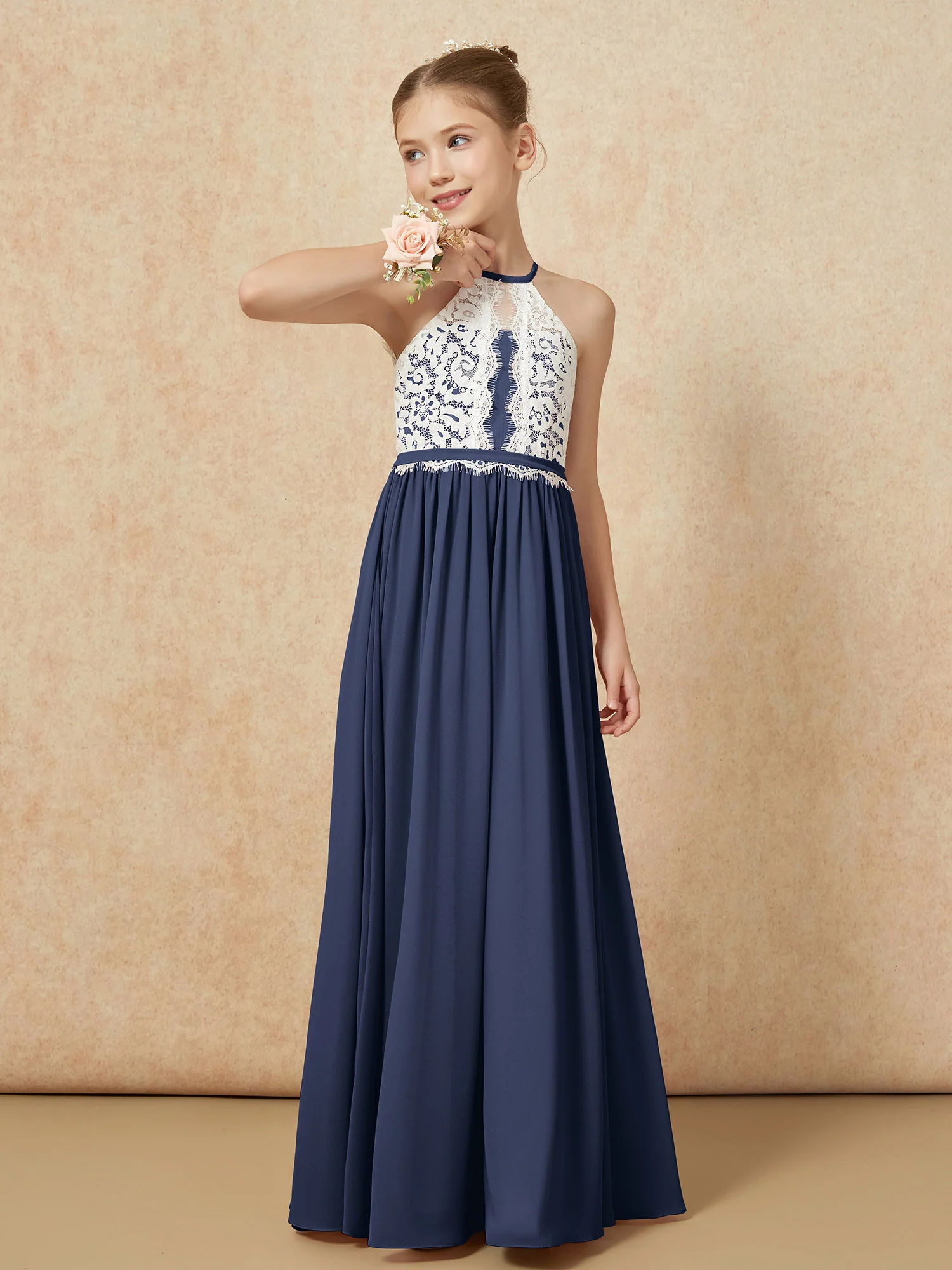 Lace Top Sleeveless Pleated Long Junior Bridesmaid Dress Dark Navy - Image 4