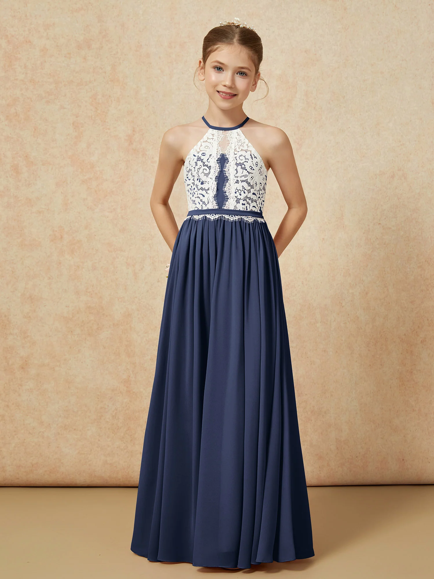 Lace Top Sleeveless Pleated Long Junior Bridesmaid Dress Dark Navy - Image 5
