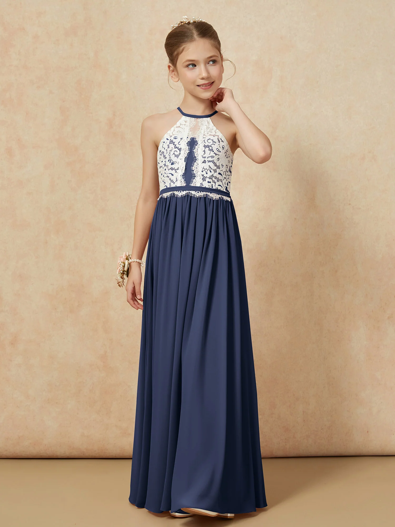 Lace Top Sleeveless Pleated Long Junior Bridesmaid Dress Dark Navy - Image 6