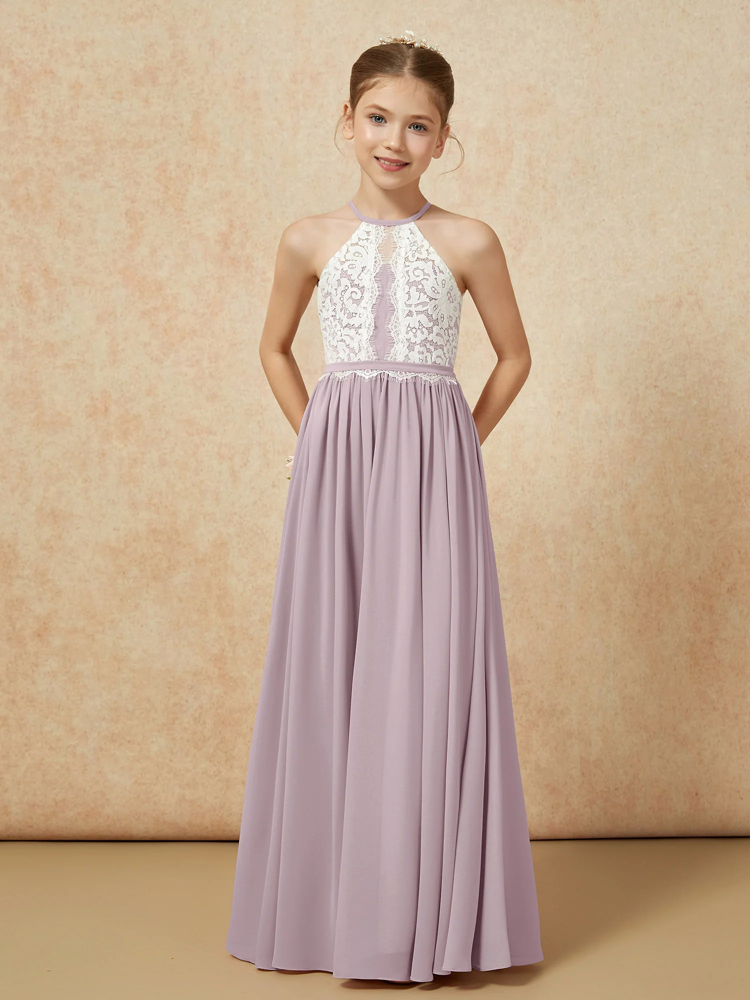 Lace Top Sleeveless Pleated Long Junior Bridesmaid Dress Dusk - Image 5