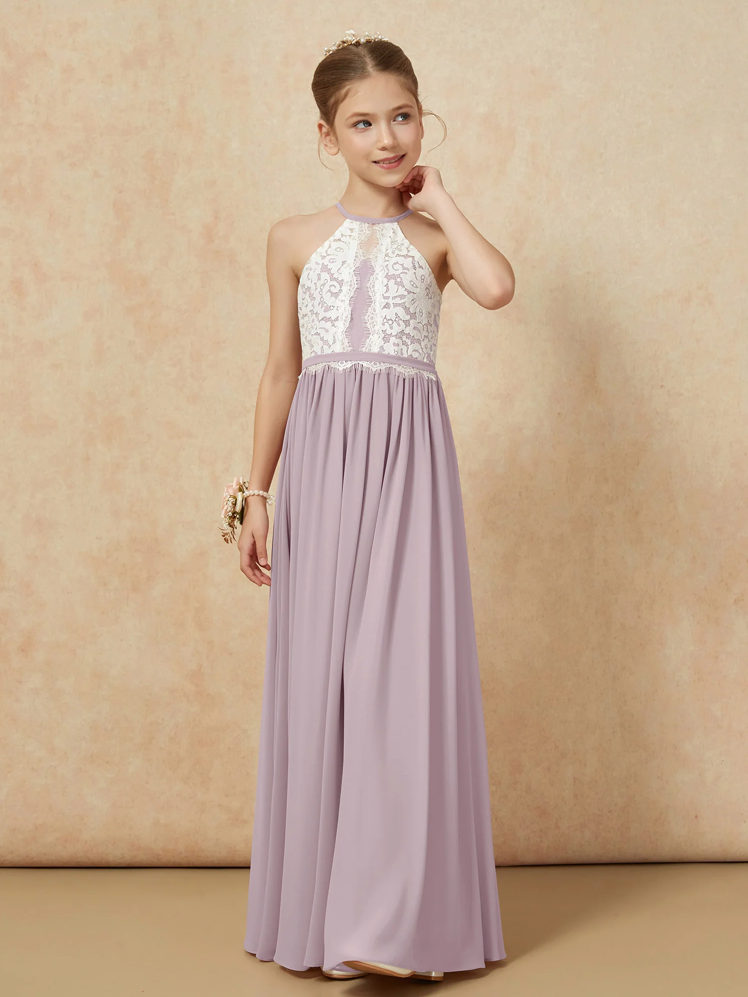 Lace Top Sleeveless Pleated Long Junior Bridesmaid Dress Dusk - Image 6