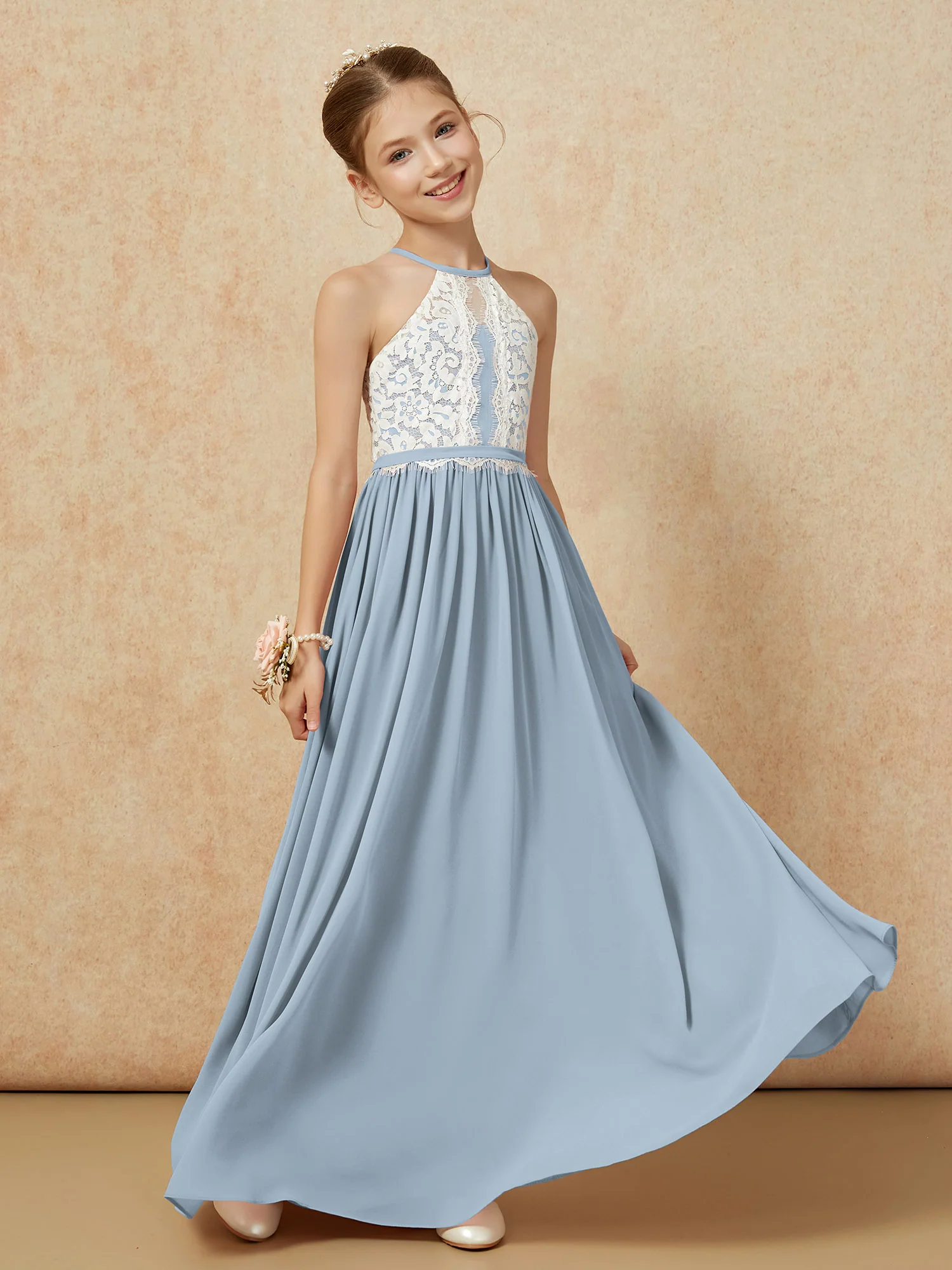 Lace Top Sleeveless Pleated Long Junior Bridesmaid Dress Dusty Blue - Image 3