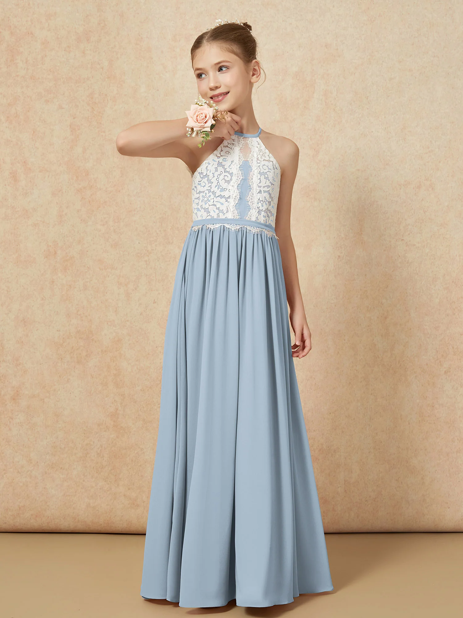 Lace Top Sleeveless Pleated Long Junior Bridesmaid Dress Dusty Blue - Image 4